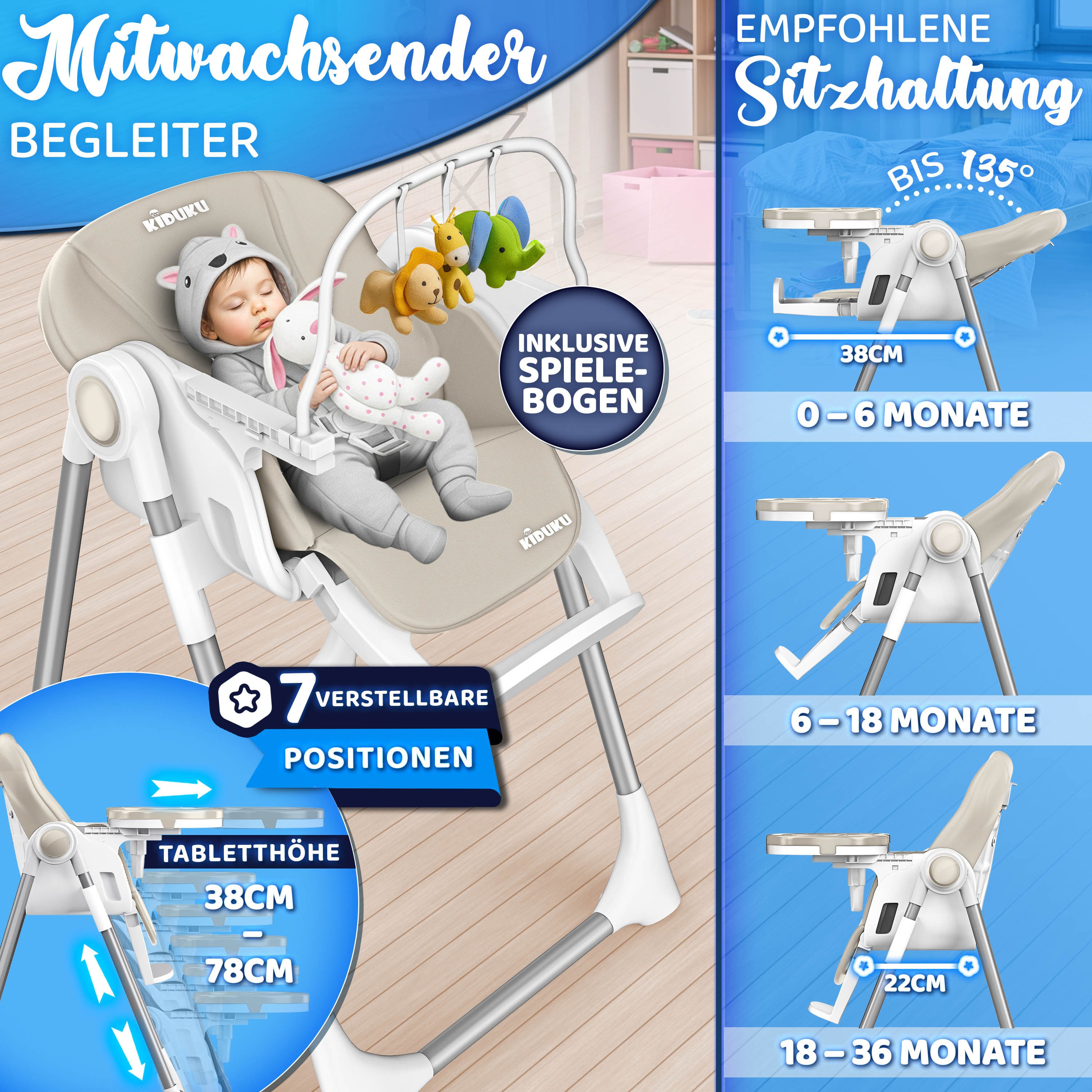 KIDUKU Hochstuhl Baby 3in1 mit Neugeborenenaufsatz + Lätzchen, Spielbogen ( günstig online kaufen