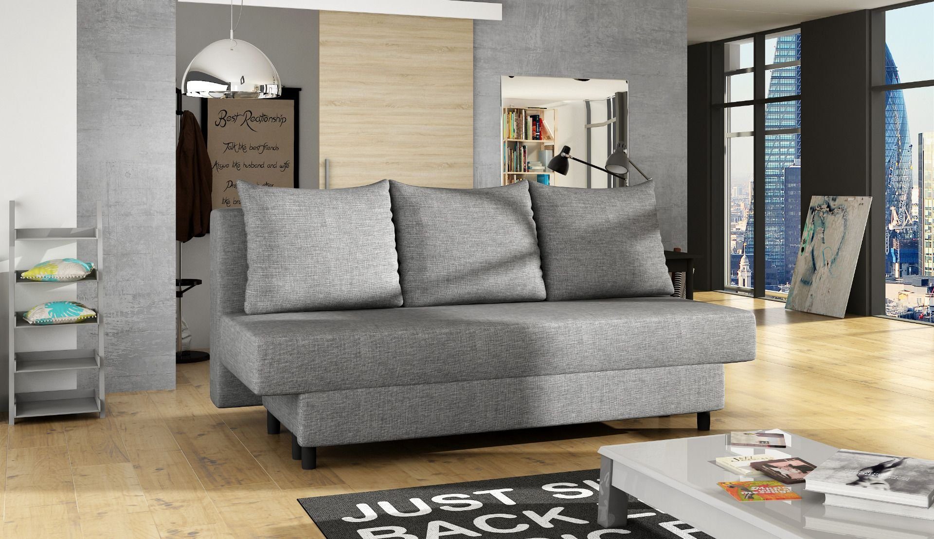 KAMAZO, - mit MOEBLO Couch Schlaffunktion (Sawana 05) Sofa Wohnlandschaft Schlaffunktion und Polstergarnitur Grau Polstersofa Bettkasten 190x82x83cm, Schlafsofa mit