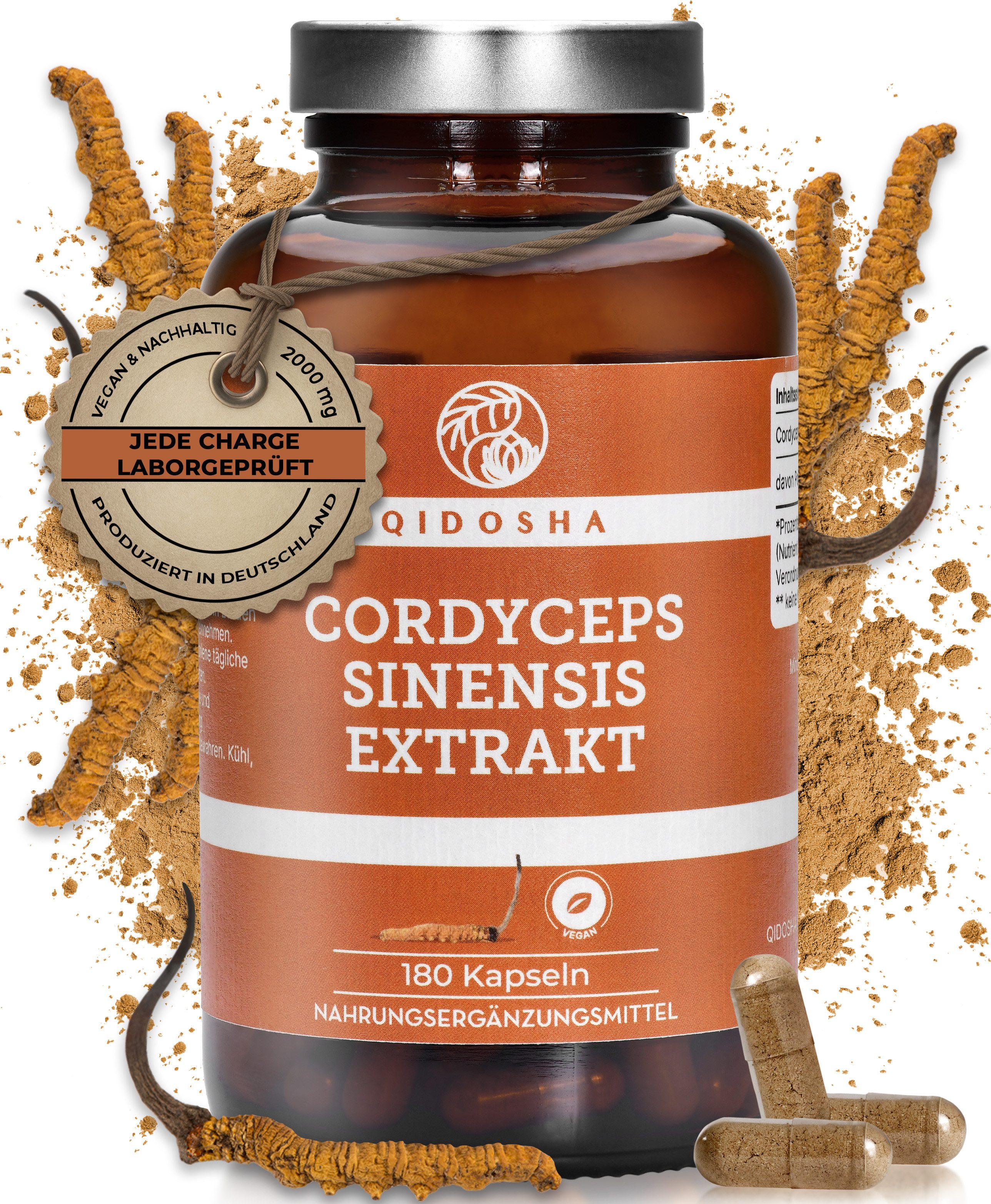QIDOSHA Cordyceps sinensis (CS-4) Kapseln, Extrakt Kapseln, TESTSIEGER 02/2023*, 180 Stk, 2000mg Raupenpilz (CS-4) Extrakt pro Tagesdosis, 500mg je Kapsel, laborgeprueft, Cordyceps Kapseln hochdosiert à 180 St., 111.6 g
