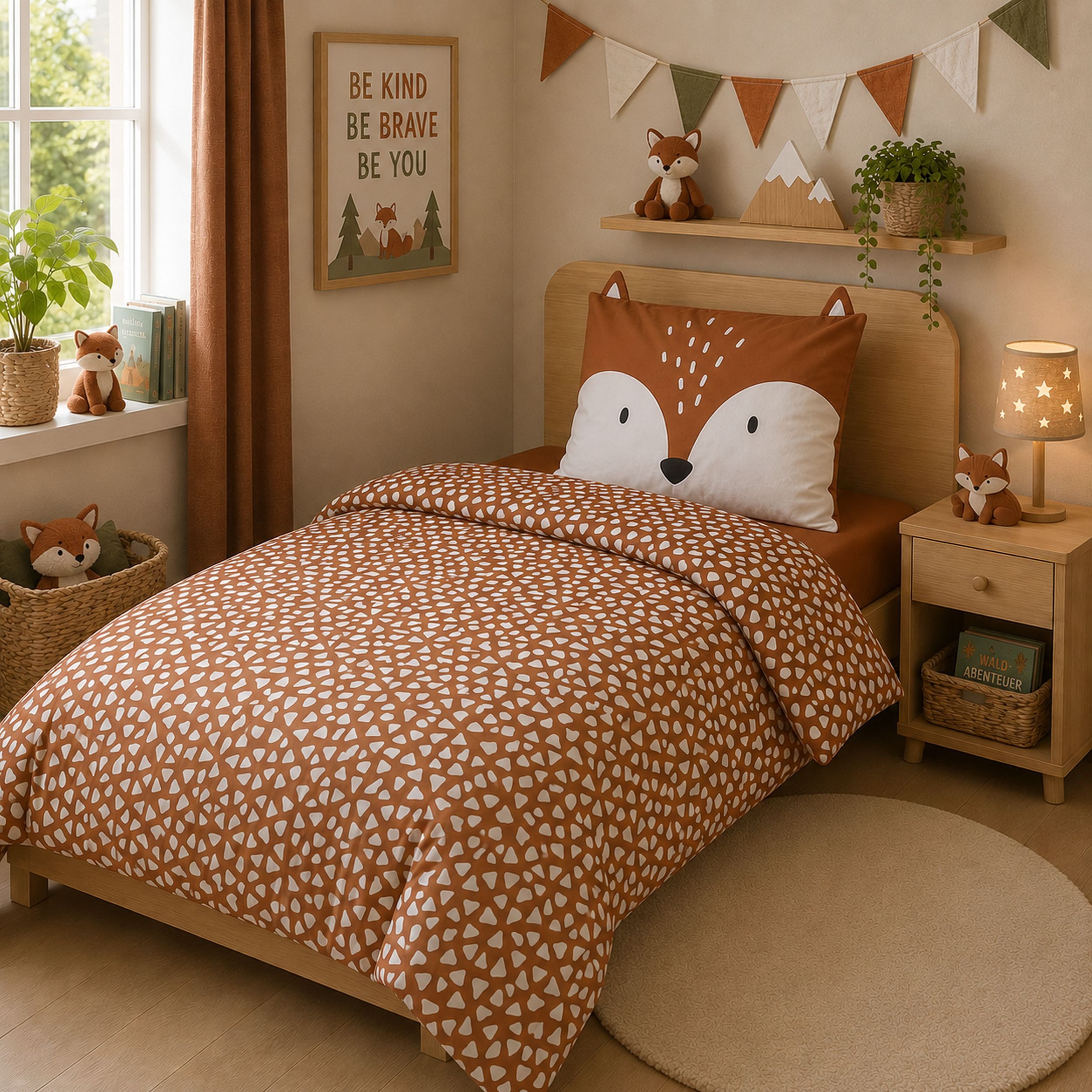 Familando Kinderbettwäsche little Fox 135x200 80x80 cm Bettwäsche niedlicher Fuchs mit Ohren, Renforcé, 2 teilig, mit liebevollem Motiv & süßen Details für Mädchen und Jungen