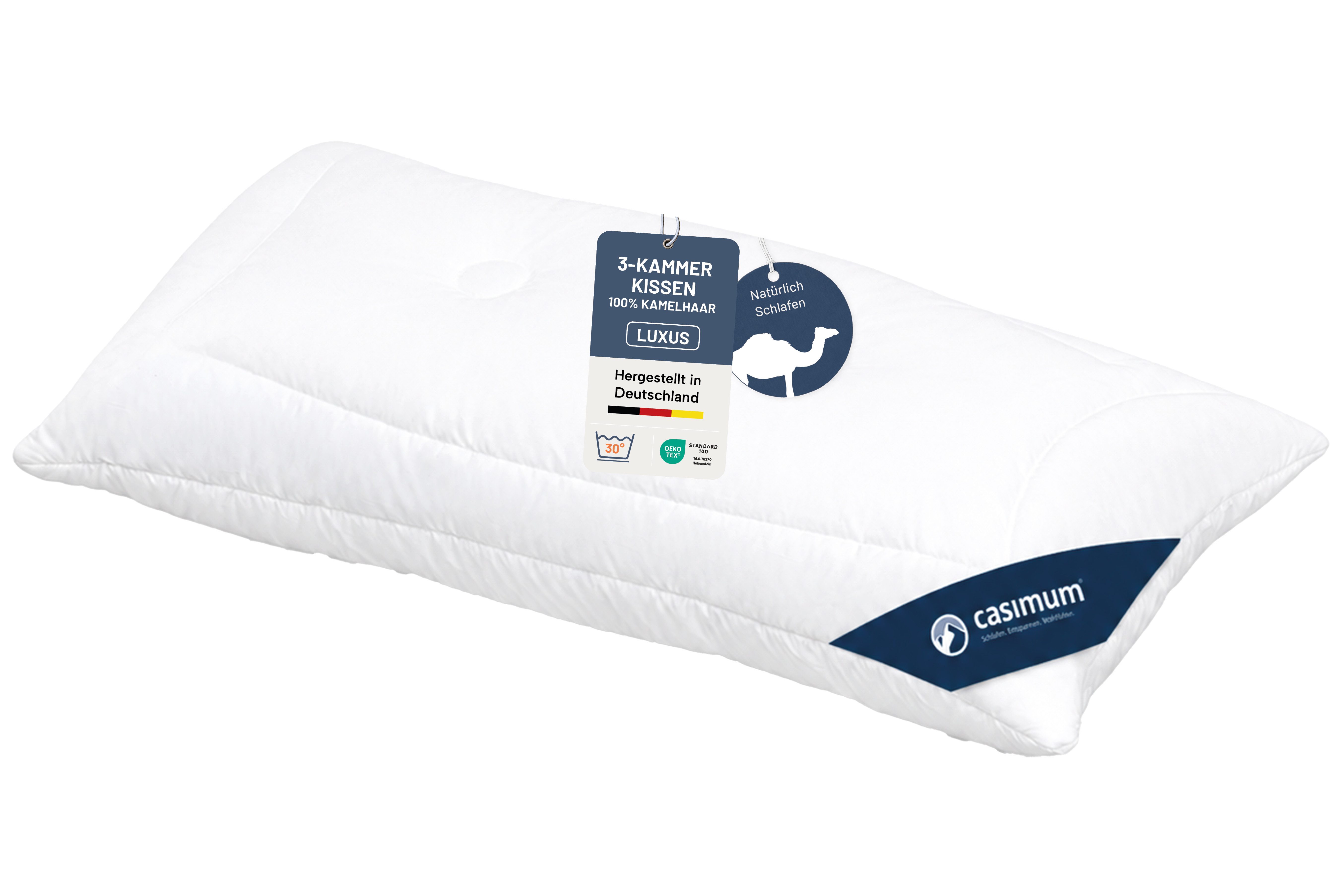 casimum 3-Kammer-Kopfkissen LUXUS Kamelhaar-Kissen 80x80, Kissen 40x80, hergestellt in Deutschland, Füllung: 100% Kamelhaar (Außenkammer), Bezug: 100 % Baumwolle, Seitenschläfer, Rückenschläfer, anschmiegsam & stützend, für Allergiker geeignet, atmungsakt
