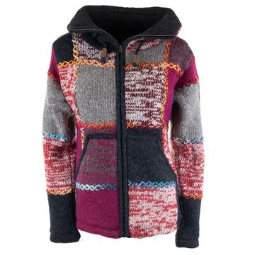 KUNST UND MAGIE Strickjacke Damen Strickjacke Wolle Bunte Patchwork Jacke Fleecefutter Hochkragen