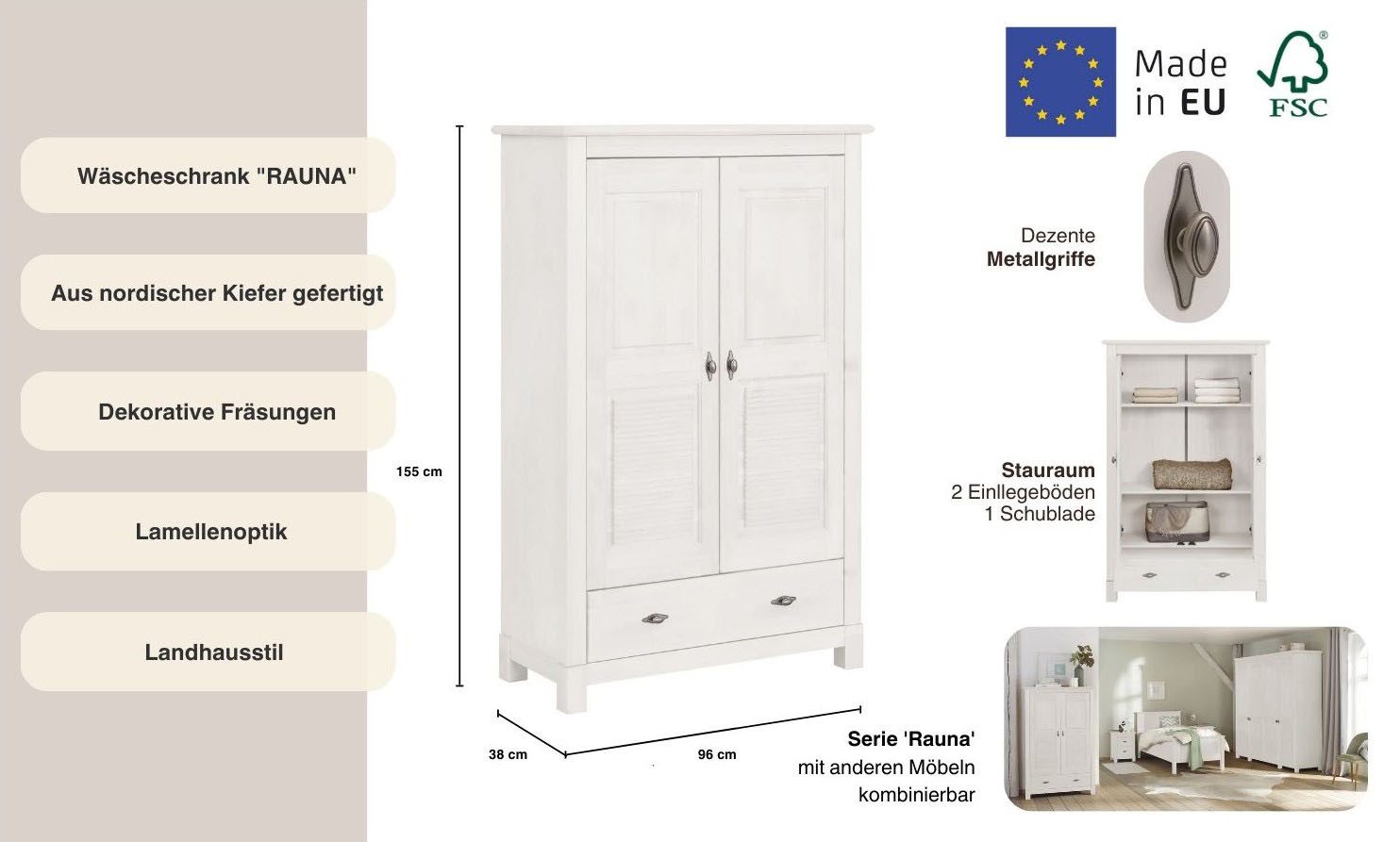 OTTO home Wäscheschrank Rauna (B/H/T ca. 96/155/38 cm) aus massiver Kiefer, FSC®, 2-türig, 96cm breit