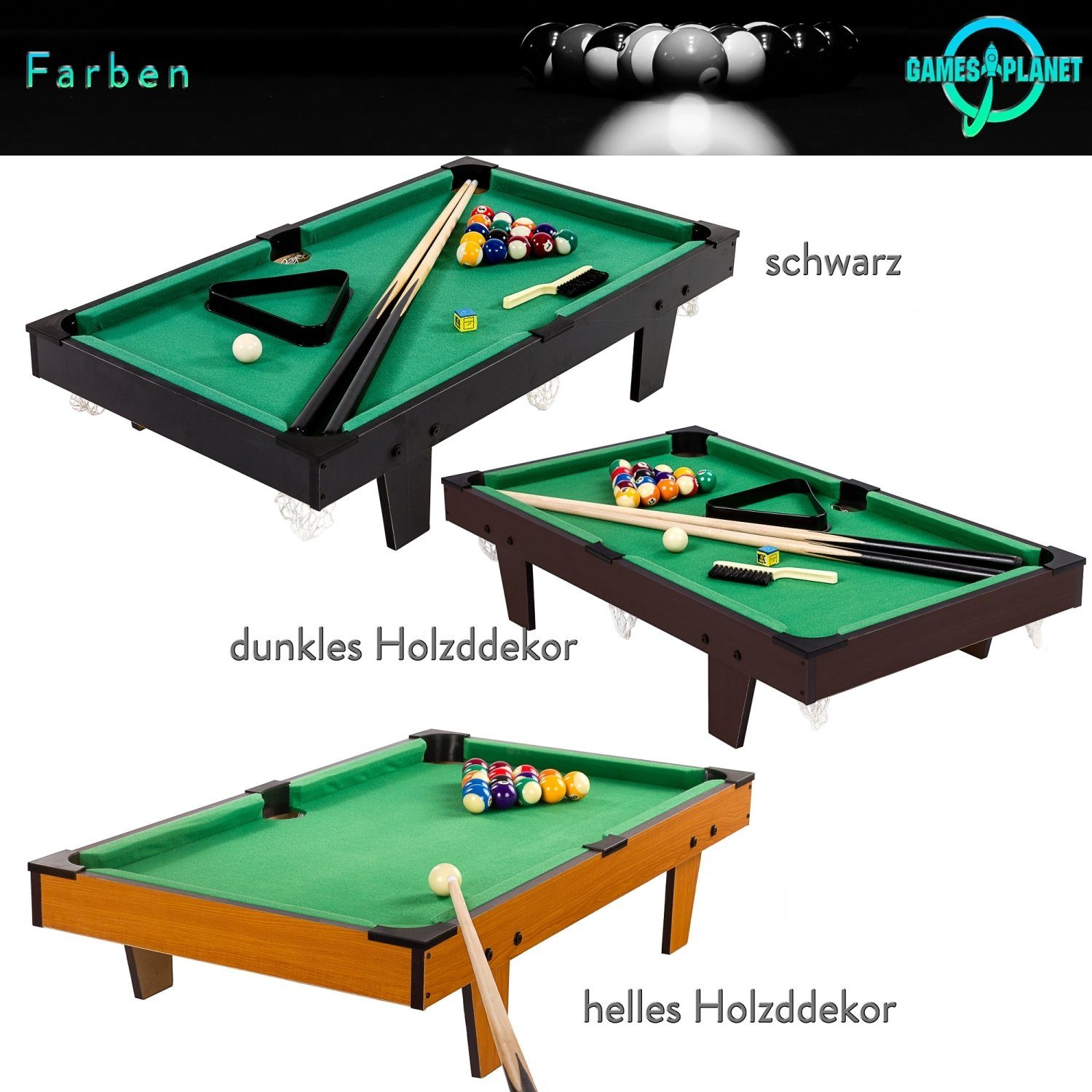 (2 Maße:92x52x19cm Queues, Mini Pool 3 inkl. Zubehör, Billardtisch Micro Billardtisch PLANET GAMES Schwarz Dreieck, Kreide, Dekore, Bürste), Kugeln,