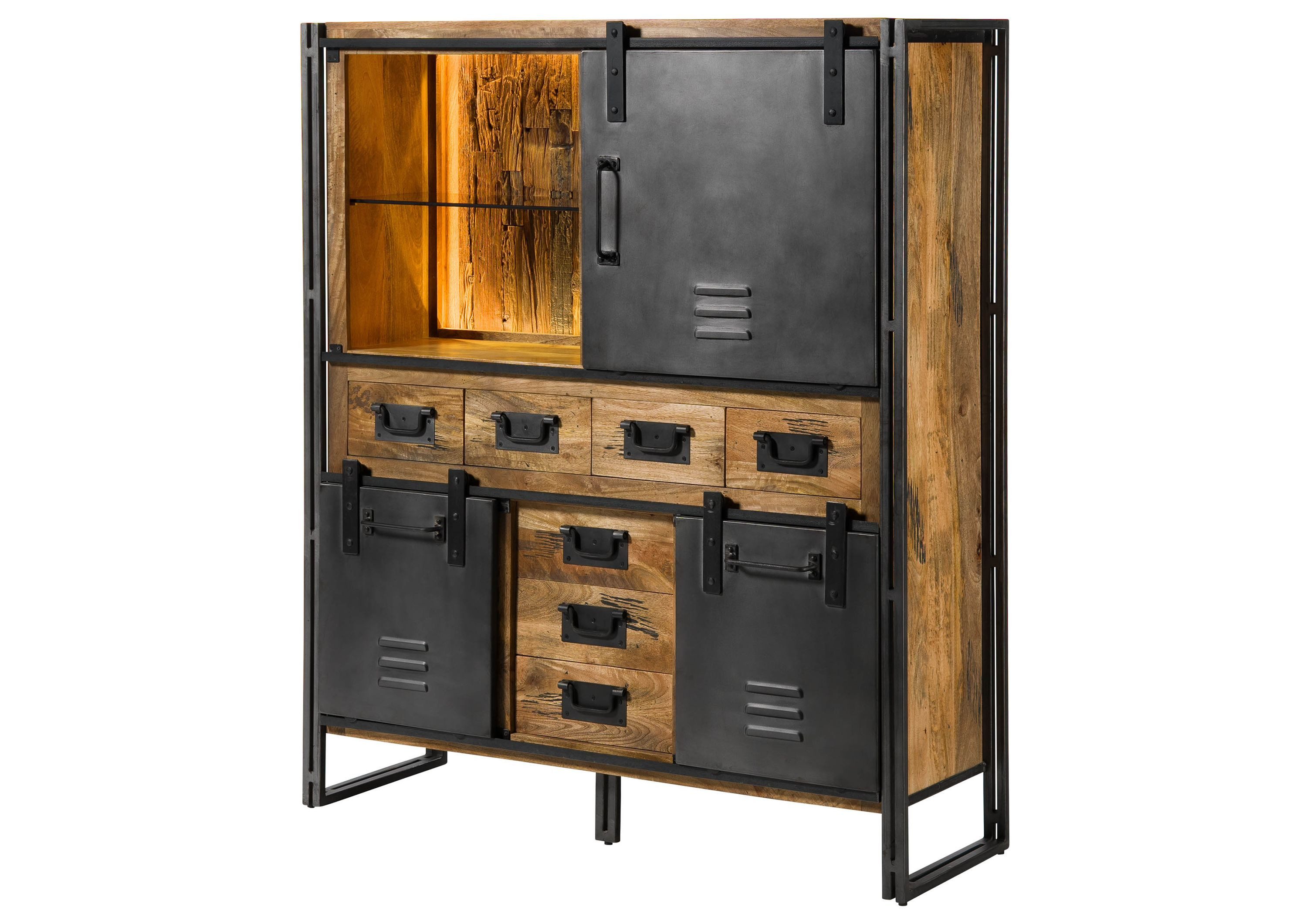 Massivmoebel24 Highboard BLACKBURN LUX (Massivholz), Mango/Altholz 140x160 natur lackiert, Metall grau BLACKBURN LUX #558