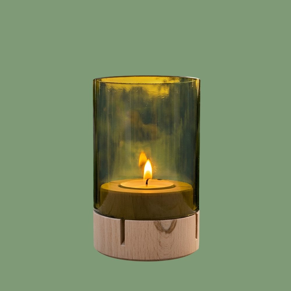 Upglassic Windlicht Weinlicht-Teelichthalter aus Glas & Buchenholz – 3 Größen wählbar (1x Weinlicht-Windlicht Tischdeko), Upcycling-Glas aus alten Weinflaschen