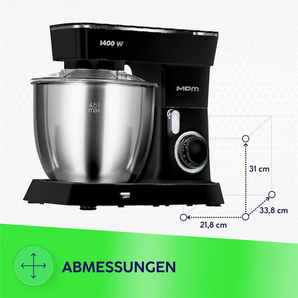 MPM Stabmixer MPM MRK-25 Küchenmaschine mit 2 Schüsseln 1400 W Schwarz, 10 Geschwindigkeitsstufen, 3 Rührelemente, Metallgehäuse