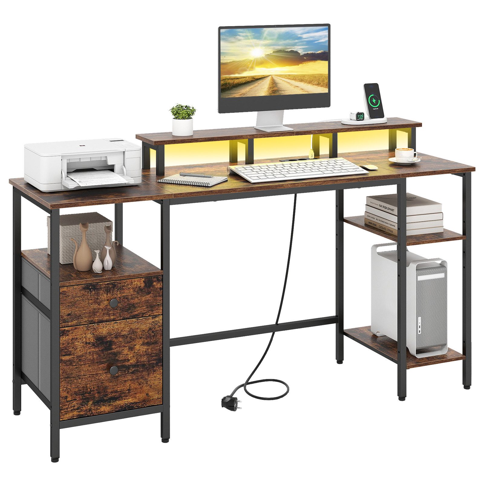 COSTWAY Computertisch mit Steckdosen & LED, 147,5 x 45,5 x 86cm