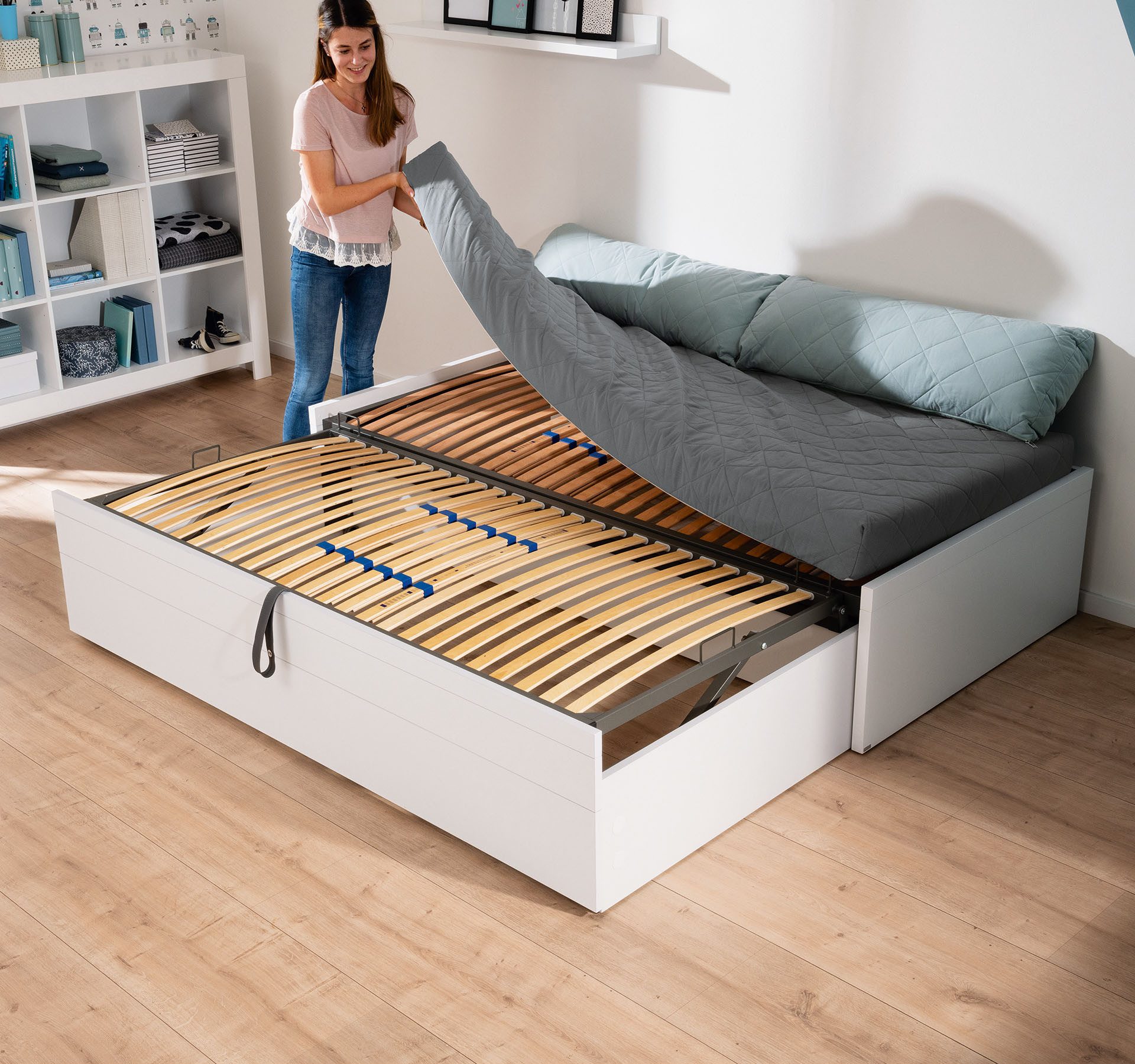 PAIDI Jugendbett FLYNN in verschiedenen Ausführungen, Ausziehbett mit 2 Liegeflächen, Gästebett, Metallgestell inkl. Lattenroste, 2-in-1 Funktionsbett