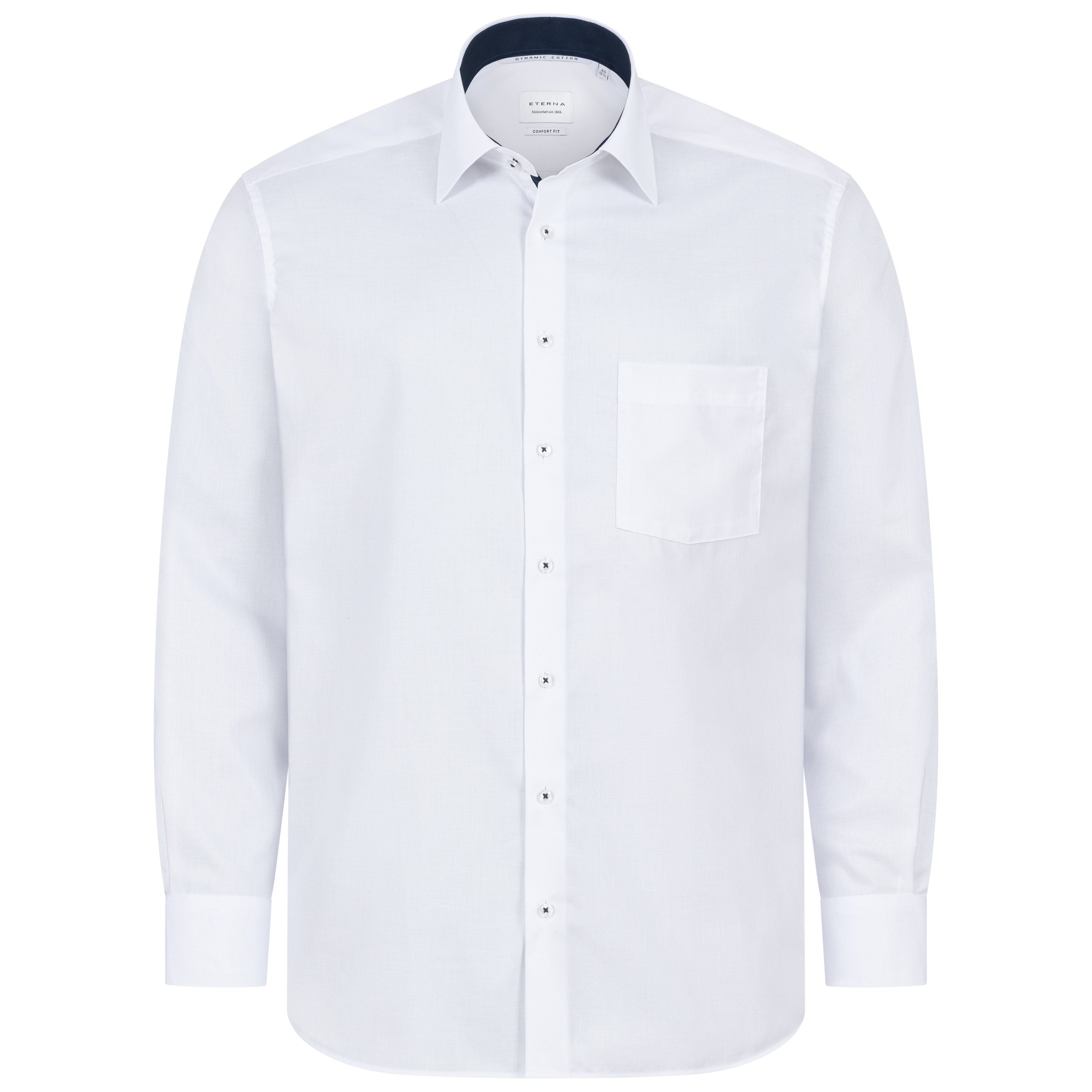 Eterna Langarmhemd Comfort Fit, Weiß, Twill, 100 % Baumwolle, Bügelfrei Regular Langarm 65cm I Kentkragen mit Besatz