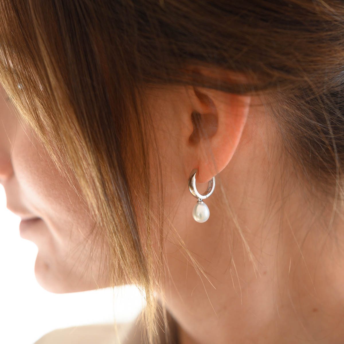 Materia Paar Creolen Damen Perlen / Perlenanhänger Weiß SO-431, 925 Sterling Silber, rhodiniert