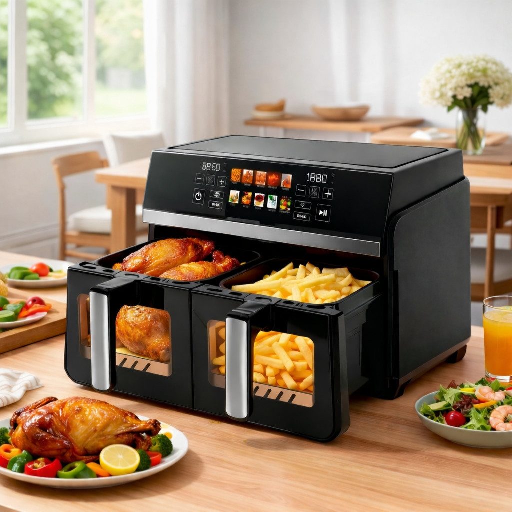 ZMH Heißluftfritteuse 2 Kammern, 10L Airfryer Doppelkammer Einkammer Verstellbar, 2200 W, 10 in 1 Doppelkammer Temperatur Separat Regeln Touchscreen
