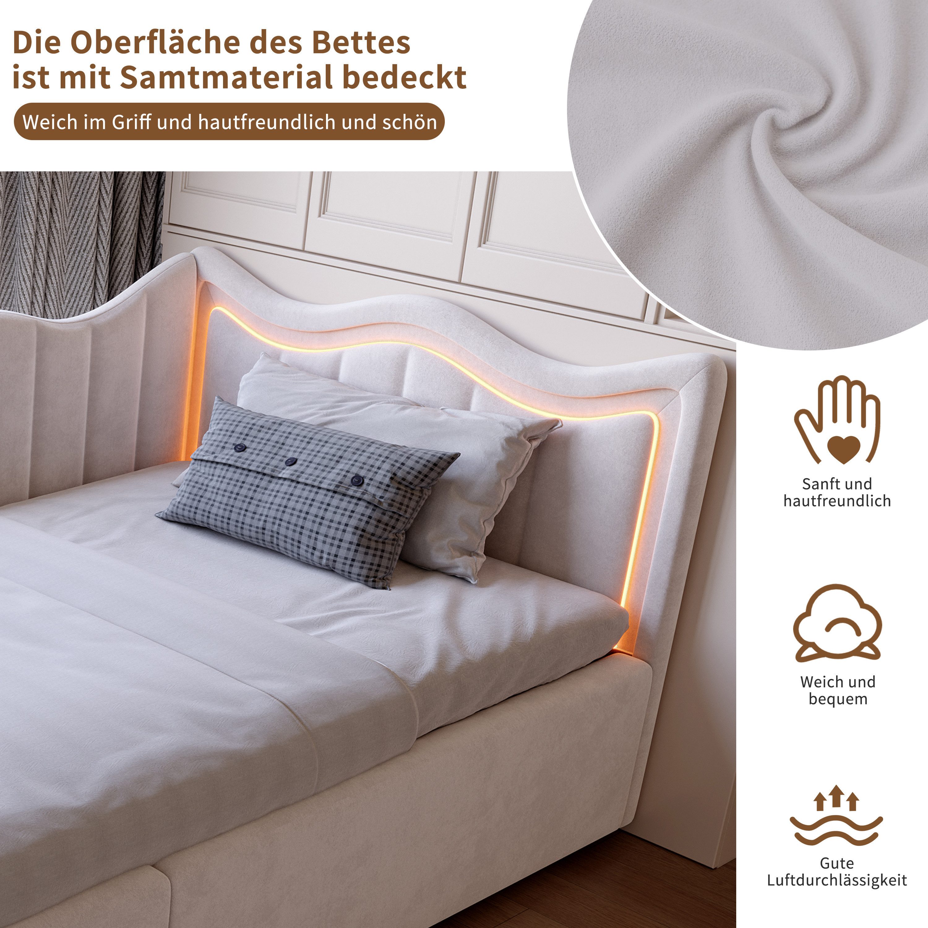 Simurq Daybett Schlafsofa 90x200, mit Bettkasten, Samt, Beige, Polsterbett, Hydraulisch hebbarer Stauraum, Mit LED, Samt, 90x200cm