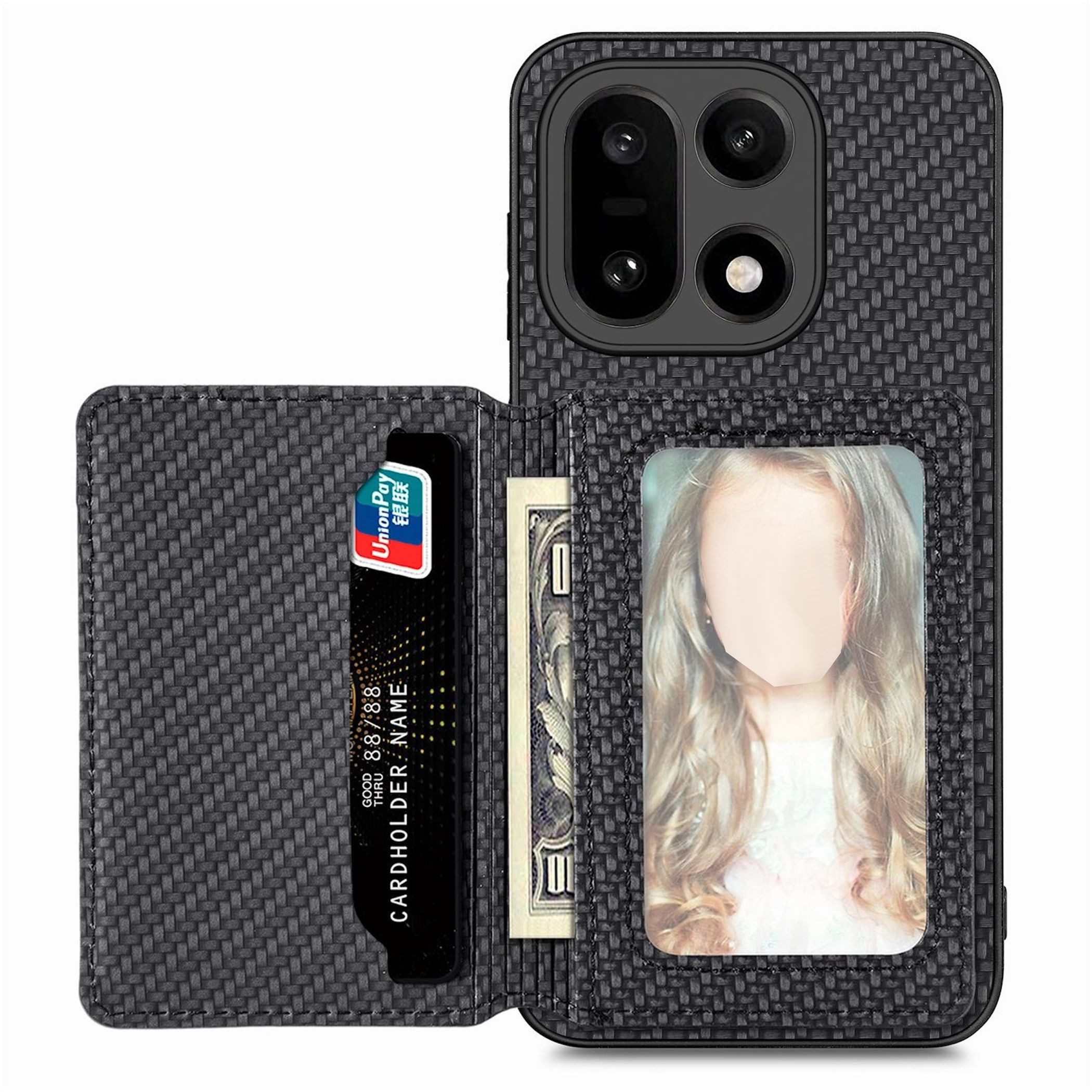 Wigento Handyhülle Für OnePlus 15 Carbon Kunstleder Kartenfach Hülle Magnetisch Schwarz, Magnetisches Kartenfach