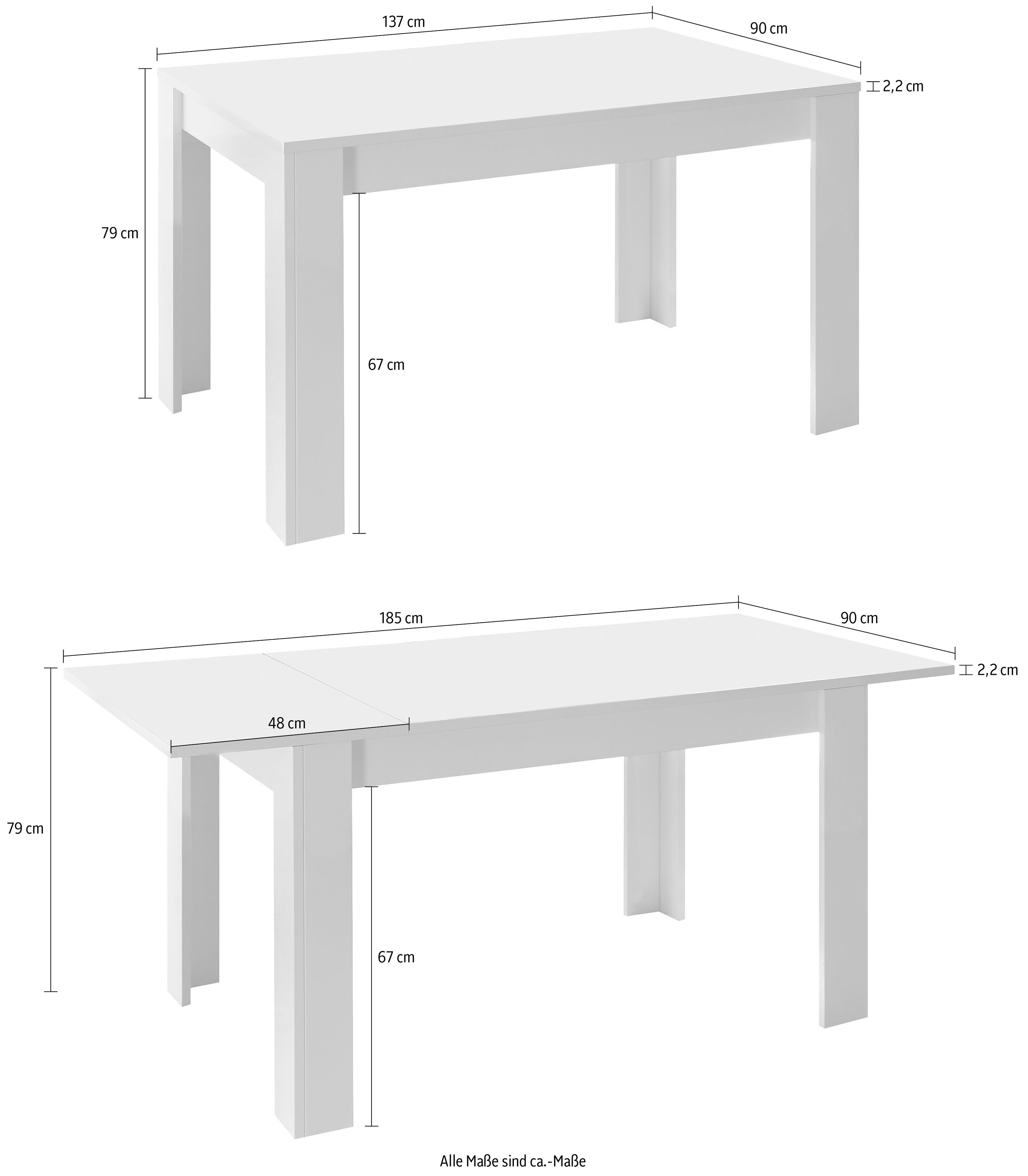 Home affaire Esstisch Basic 137x90x79 cm (BxTxH), Esszimmertisch Weiss Hochglanz Lack, moderner rechteckiger Küchentisch, ausziehbar, erweiterbar auf 185 cm