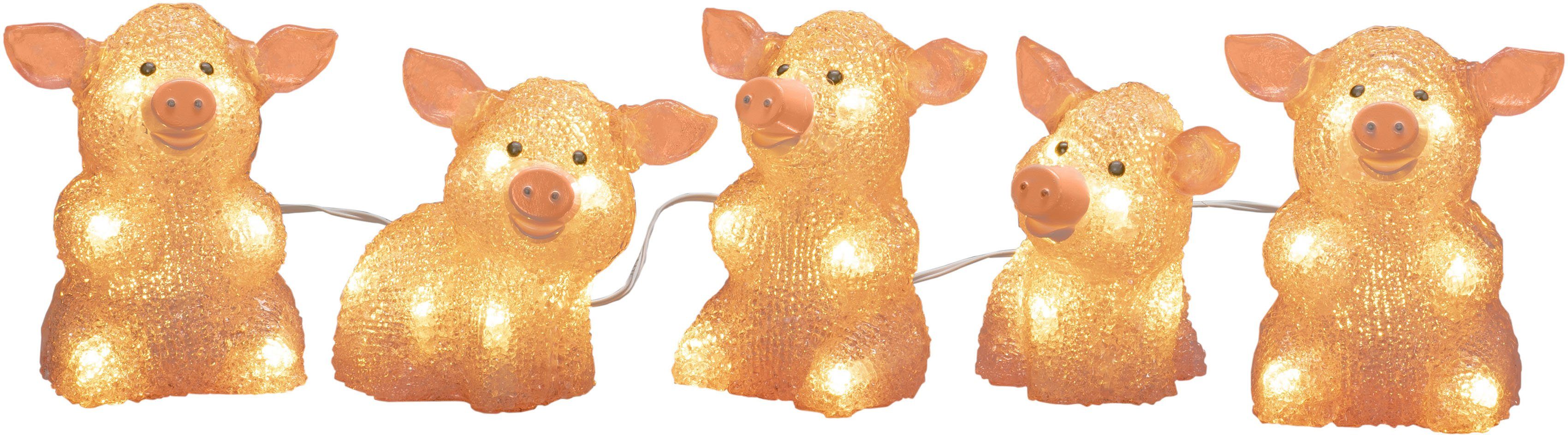 KONSTSMIDE LED-Lichterkette Weihnachtsdeko LED Schweine 5-er weiße aussen, 40 Set, 40-flammig, Dioden pink, warm Acryl