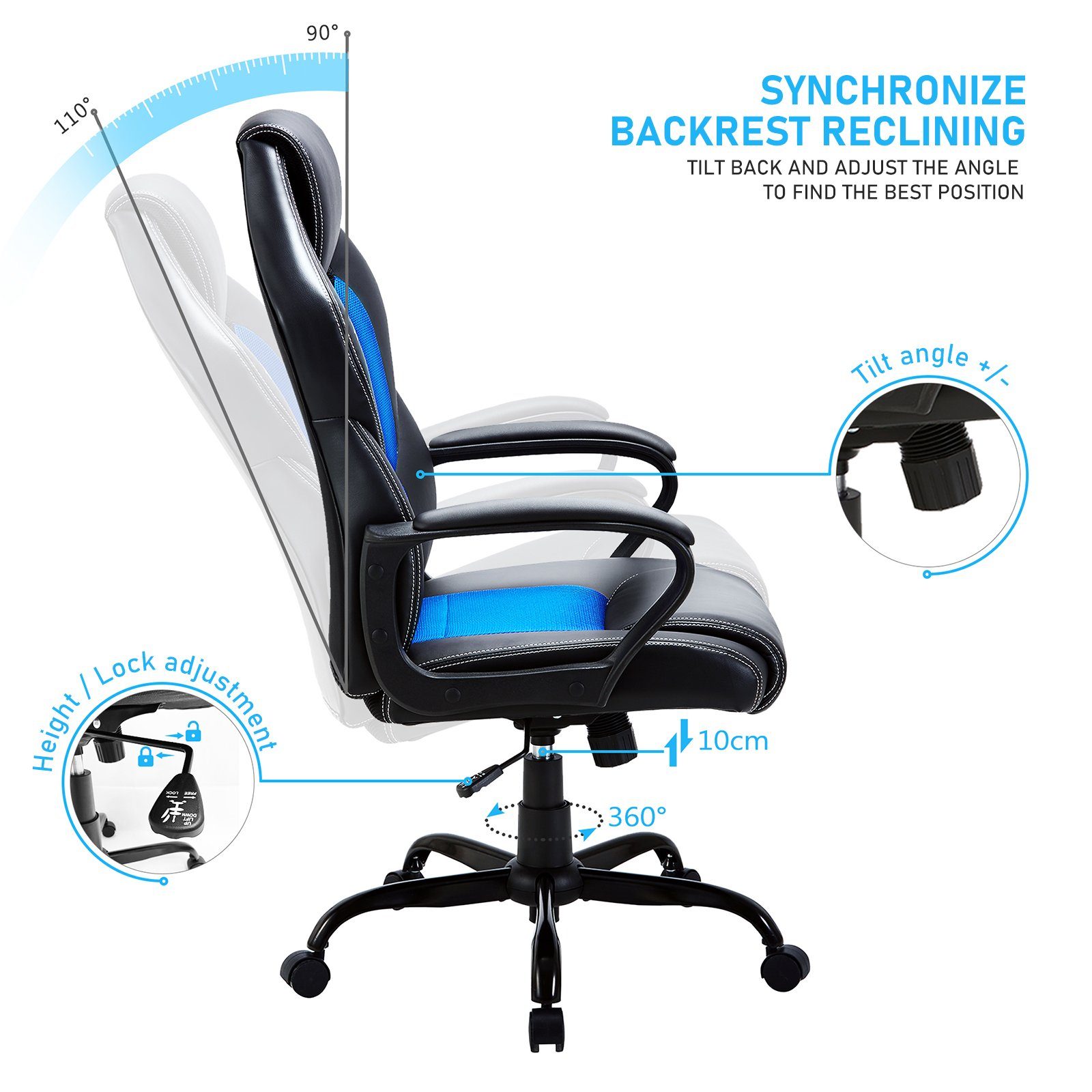 E.For.U Gaming-Stuhl Gaming Stuhl höhenverstellbarer F003, Ergonomischer Blau