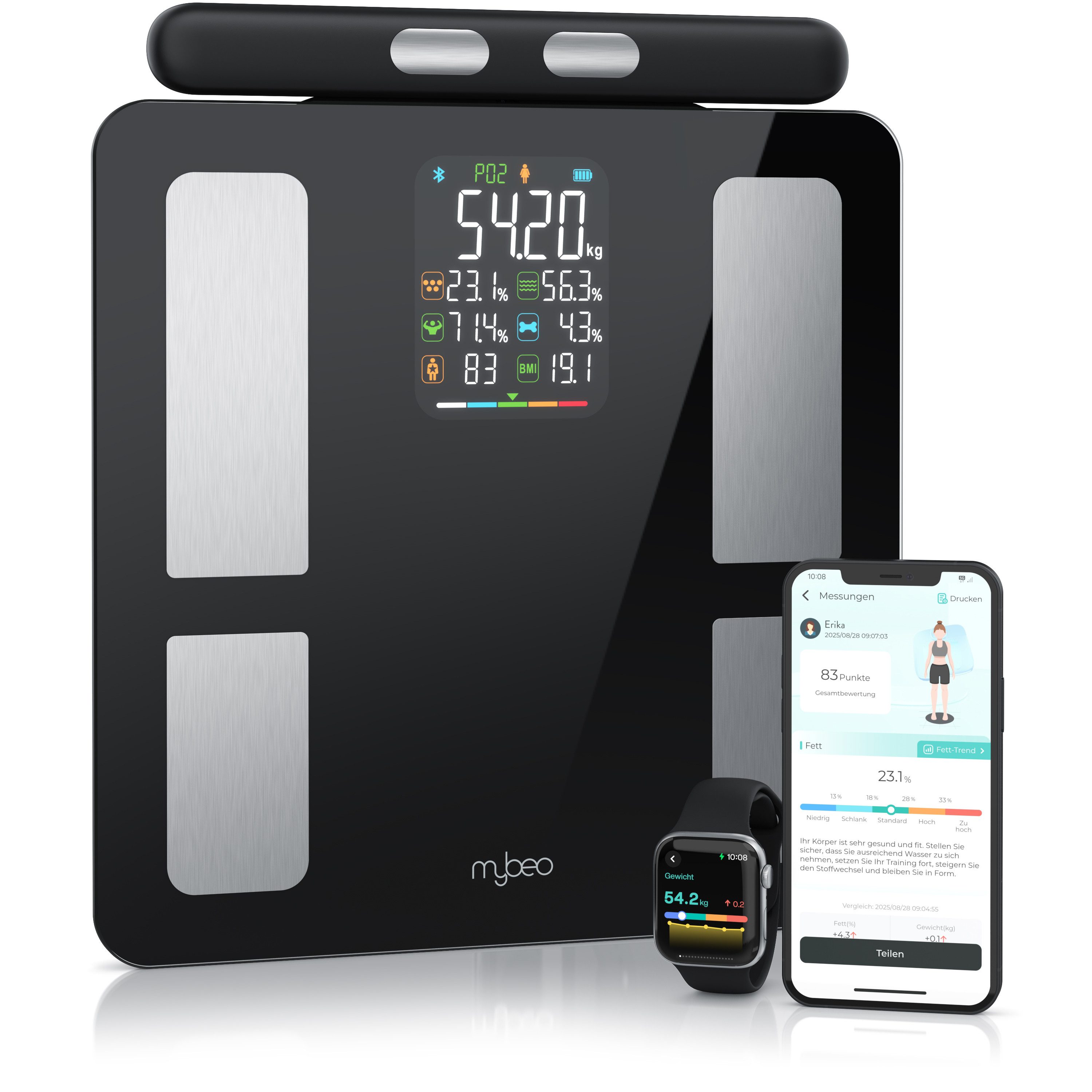 MyBeo Körper-Analyse-Waage Digitale Bluetooth Körperfettwaage, Handgriff-Messung & App-Steuerung, 1-tlg., Diagnosewaage, BMI, Körperfett, Wasser & Muskelanteil, bis zu 180 kg