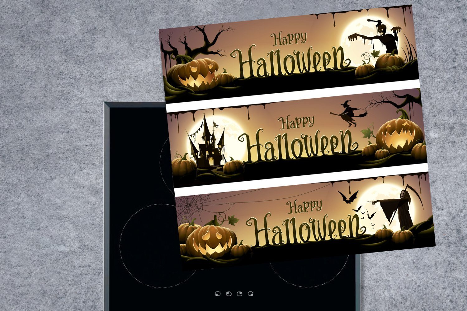 Ceranfeldabdeckung, Halloween, tlg), (1 von 78x78 für dreiteilige Eine küche Arbeitsplatte cm, MuchoWow Herdblende-/Abdeckplatte Vinyl, Illustration