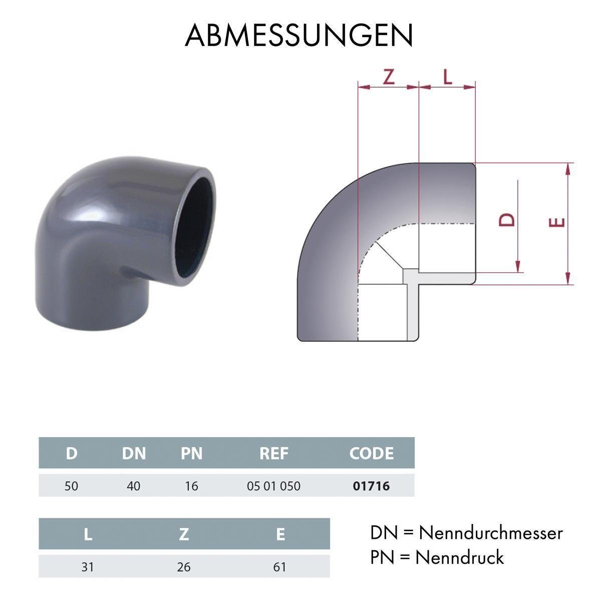 POWERHAUS24 Anschlussstück PVC Winkel 90 Grad D 50 mm