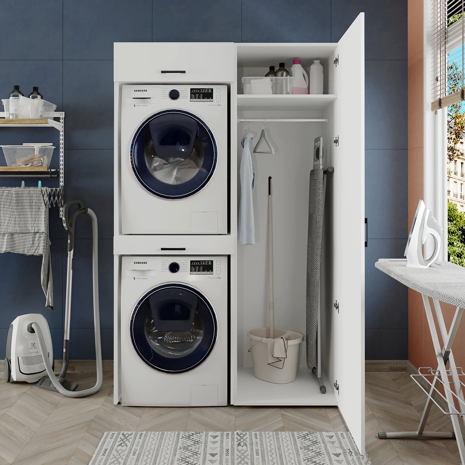 Roomart Waschmaschinenumbauschrank (Waschmaschinenschrank für Trockner und Waschmaschine Überbauschrank) weiß | weiß