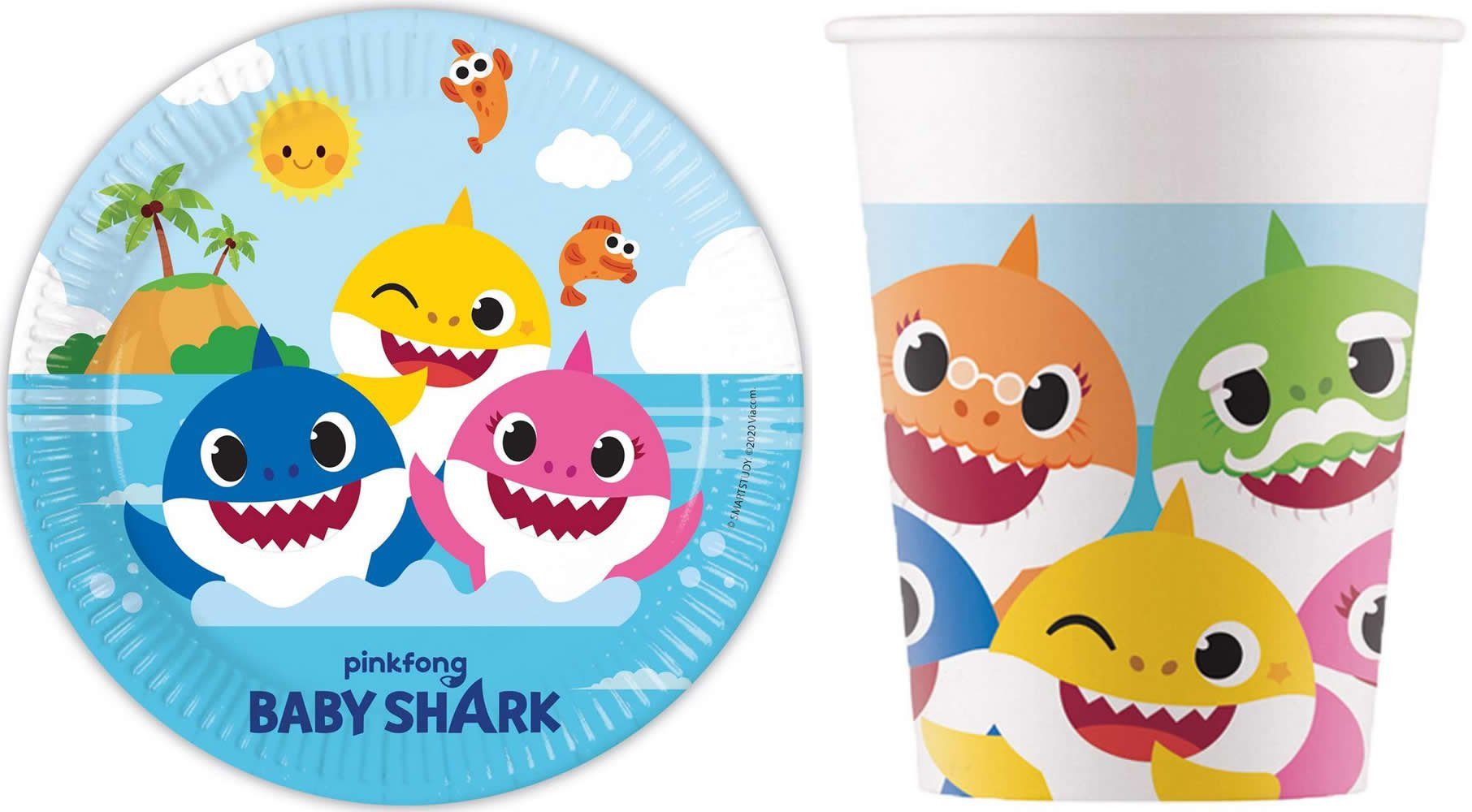 Procos Einweggeschirr-Set 16-tlg. Set Kindergeburtstag Party Feier Fete Deko Motto Baby Shark (16-tlg), 8 Personen, Pappe