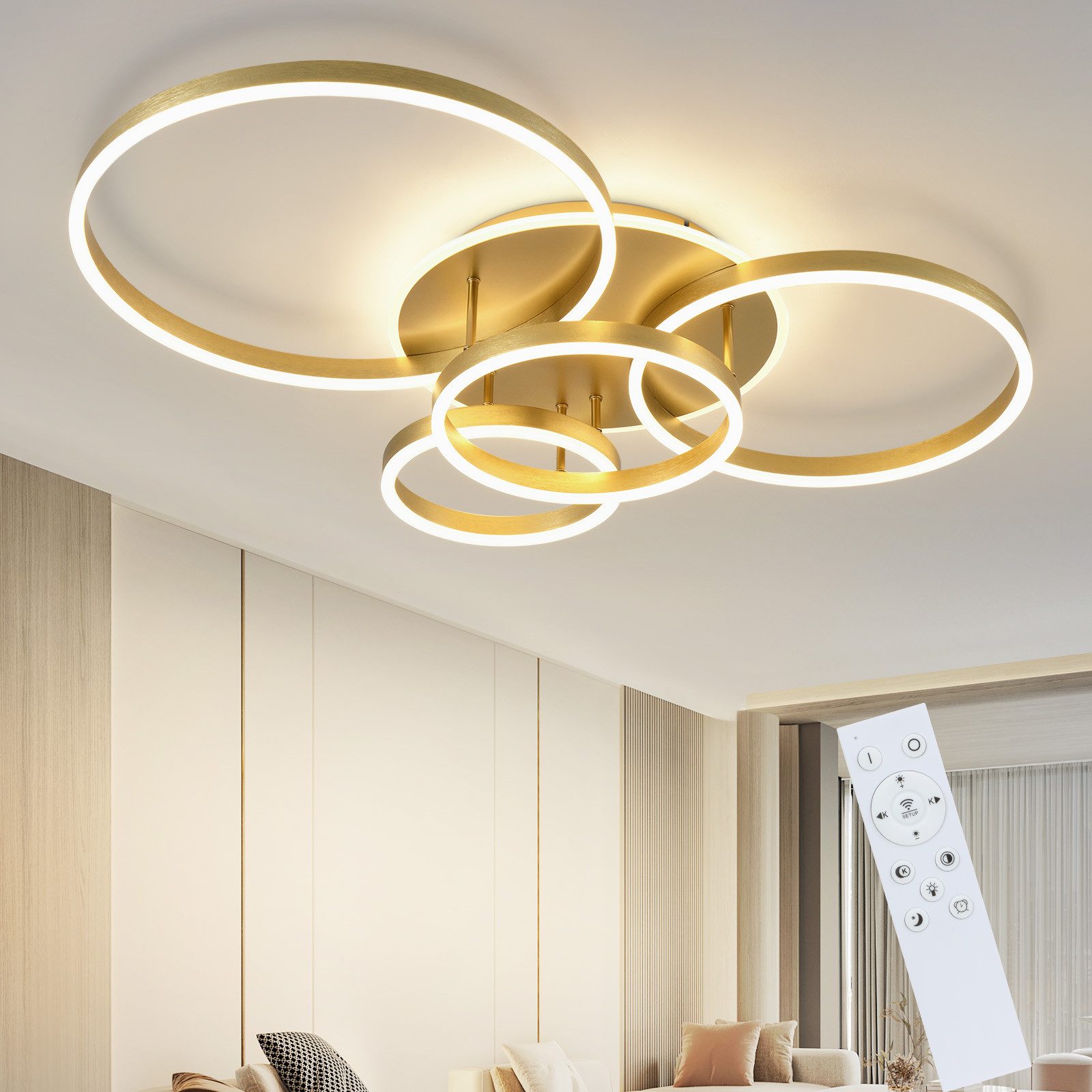 ZMH LED Deckenleuchte Wohnzimmer Modern Gold 2/3/4 Ring Design Deckenlampe Dimmbar, Augenschutz, Einfache Installtion, LED fest integriert, 3000-6500K, 65CM aus Acryl 90W Schlafzimmerlampe mit Fernbedienung Küche