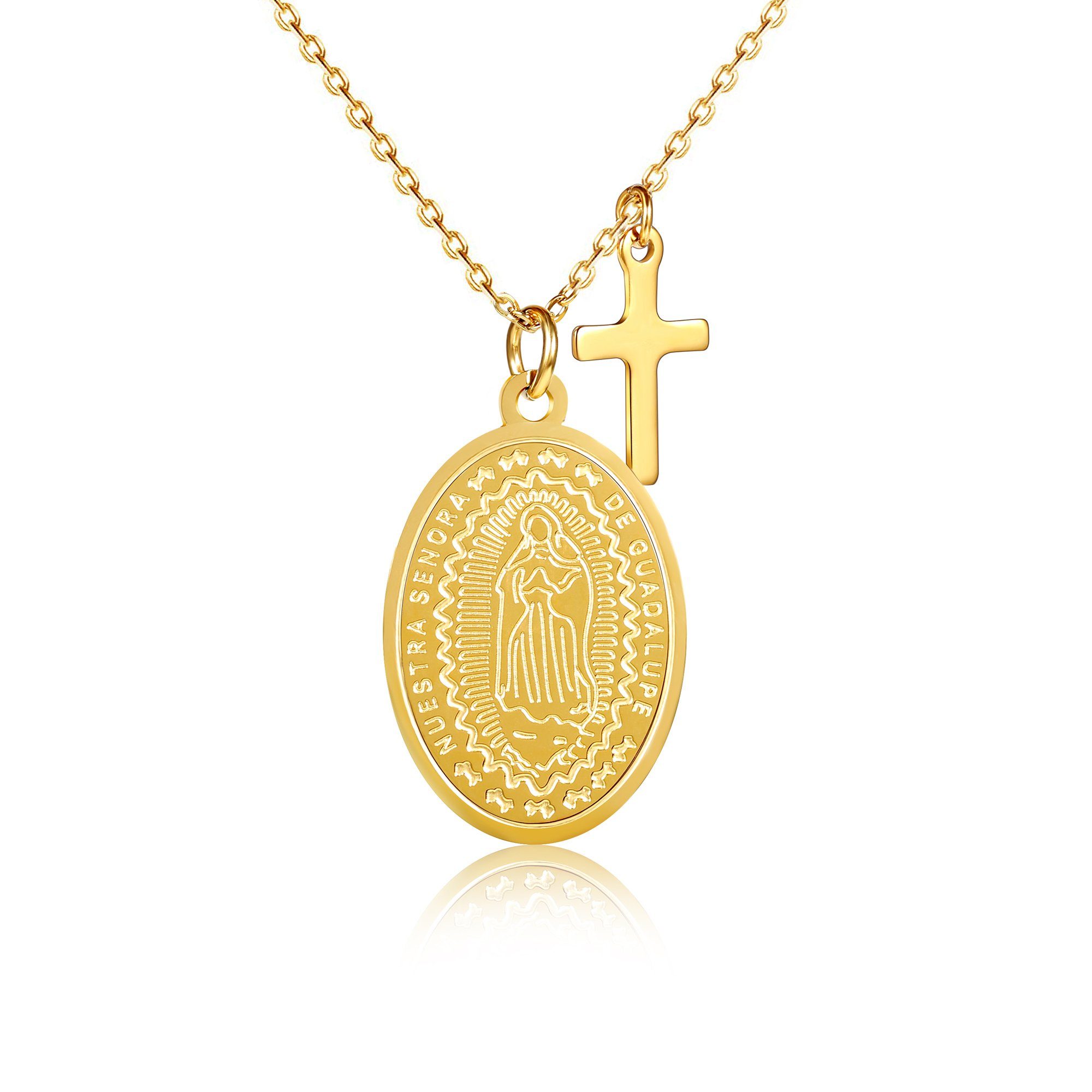 Kim Johanson Kette mit Anhänger Marienbild Kreuz Glaube Religion, aus Edelstahl Gold