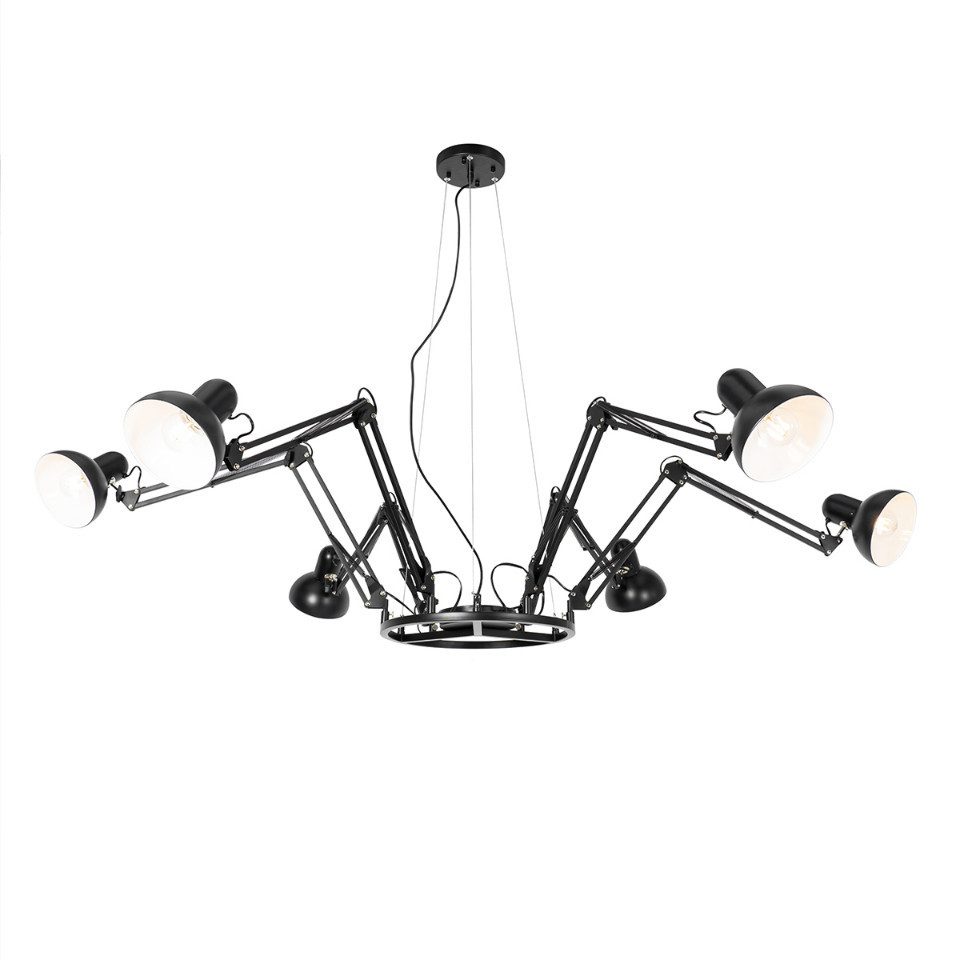 Qazqa Pendelleuchte Hobby spinne, ohne Leuchtmittel, E27, Schwarz, Industrie, Stahl, 6-flammig