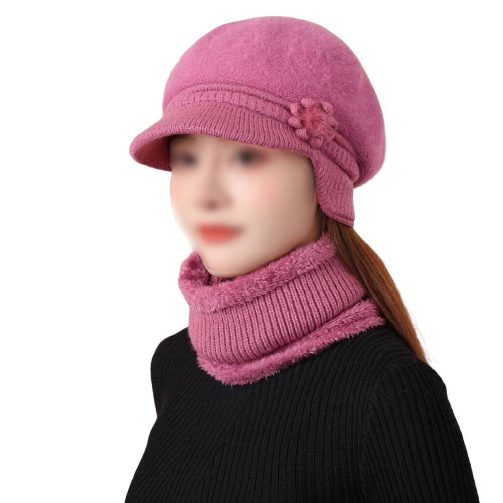 Blusmart Mütze & Schal Damen Wintermütze mit Schal Set (Warme gefütterte Beretmütze mit Blumenverzierung, 2-tlg., Elastische Strickmütze und Schlauchschal) Für kalte Tage