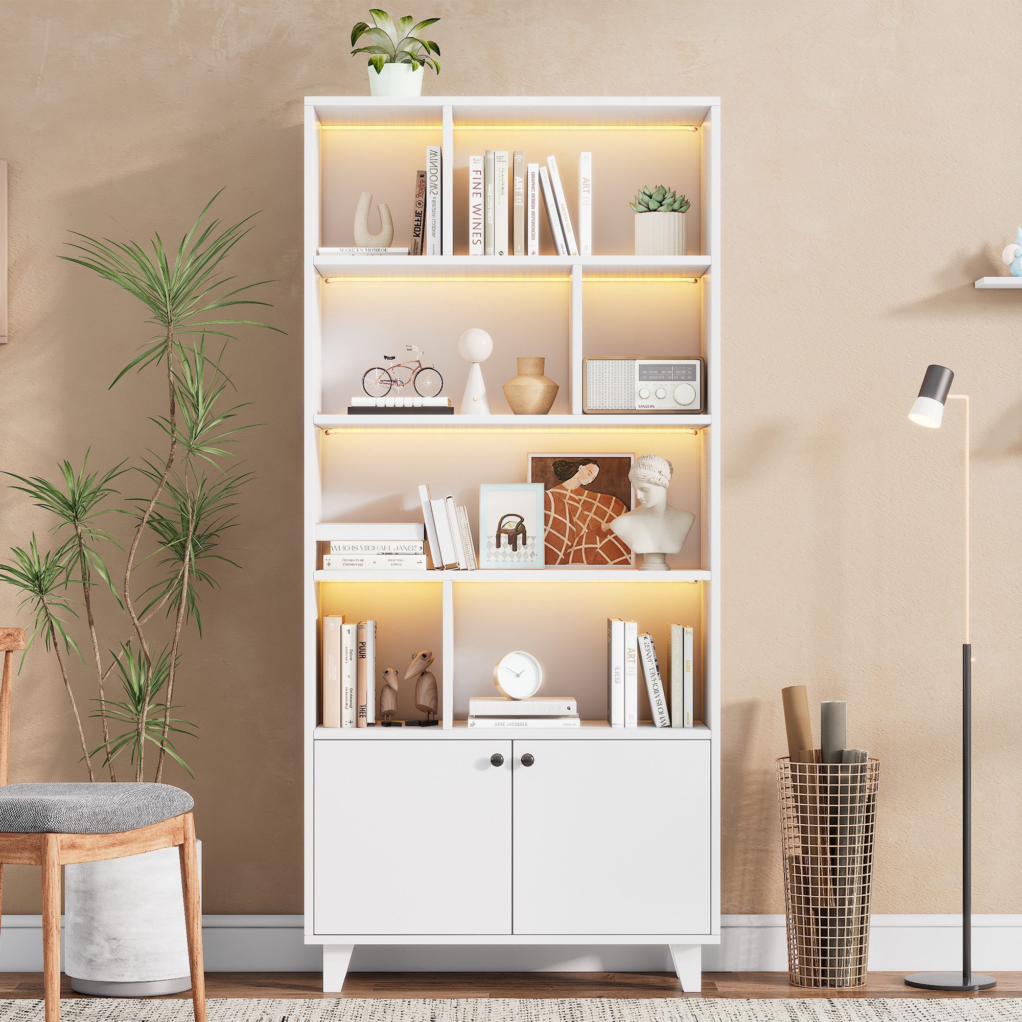 Flieks Bücherregal Hochschrank mit LED-Beleuchtung Mehrzweckschrank Holz, B80/T30/H173 cm 1-tlg., Standregal Büroregal Bücherschrank mit 7 offenen Fächern und 2 Türen
