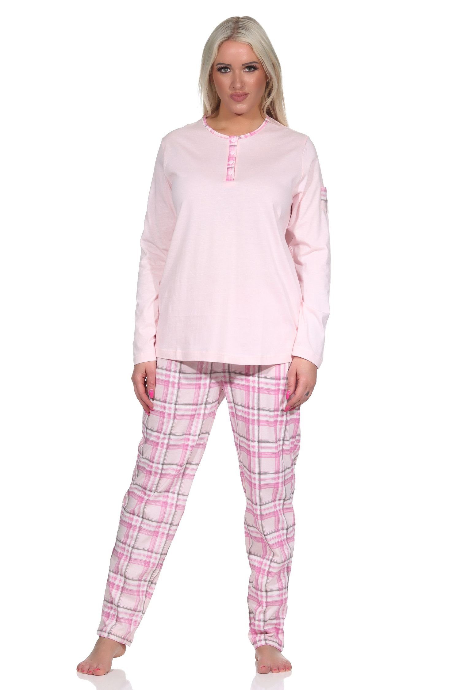 Normann Pyjama Damen Schlafanzug langarm Pyjama mit karierter Hose aus Jersey rosa