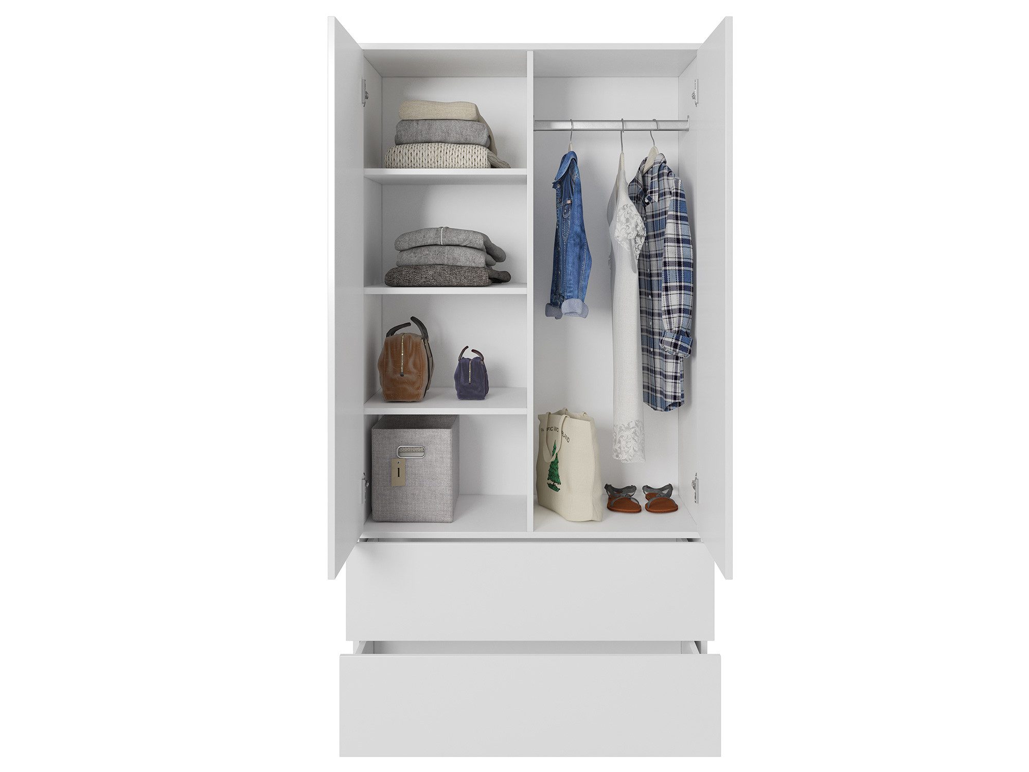 Beautysofa Kleiderschrank CLASSIC 90 cm 2-türig, grifflos (mit Kleiderstange und mehreren Einlegeböden, Zwei moderne Farbvarianten: Weiß oder Kaschmir) Mit oder – Bild 3 von 5