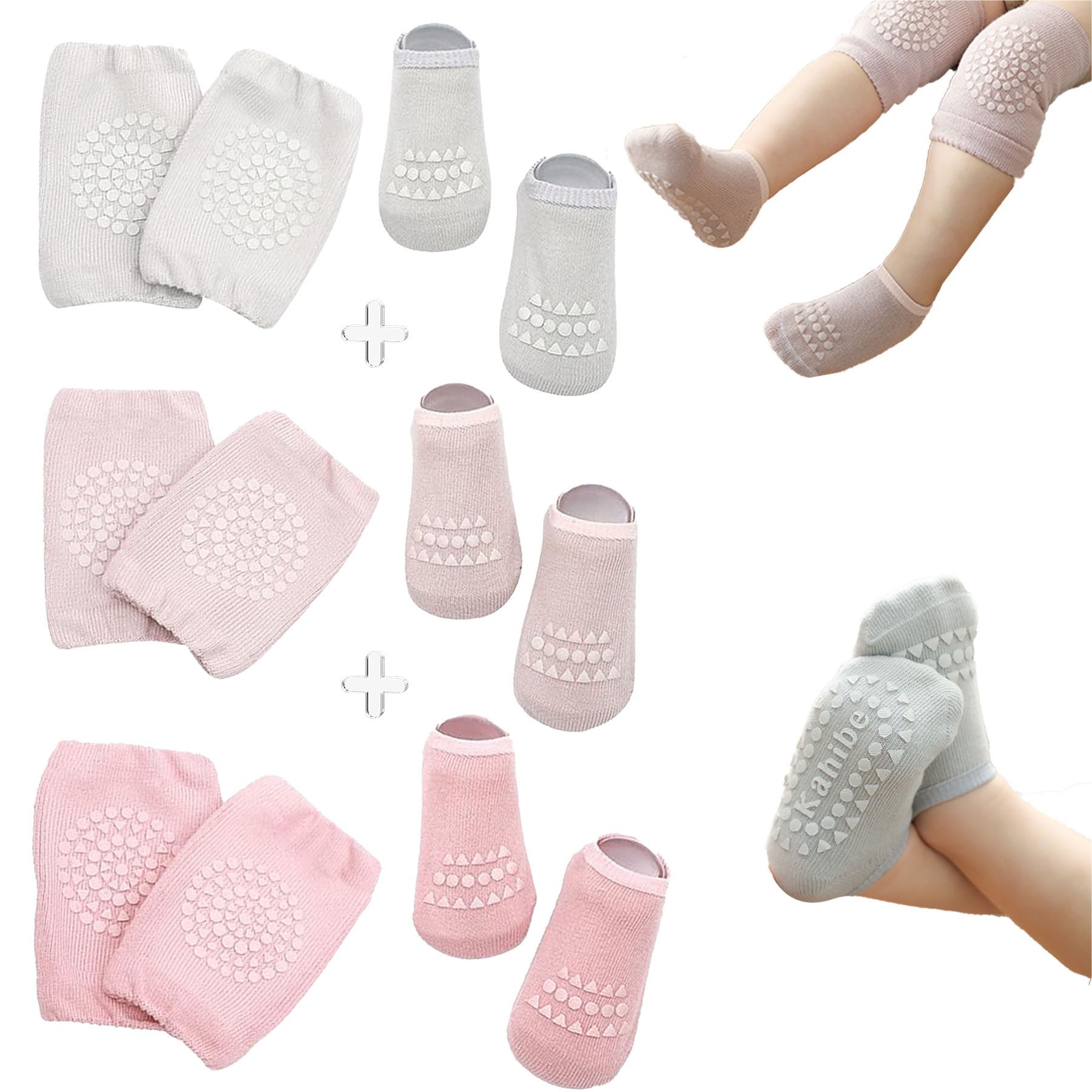 Mutig ABS-Socken 3 Paar Baby Socken & Baby Knieschoner,100 % Baumwolle Stoppersocken, (Krabbeln Set Mit Gummipunkten,Die Silikonteile erhöhen die Reibung) Stoppersocken Geeignet für Kinder von 0-3 Jahren,Grün, Blau, Braun