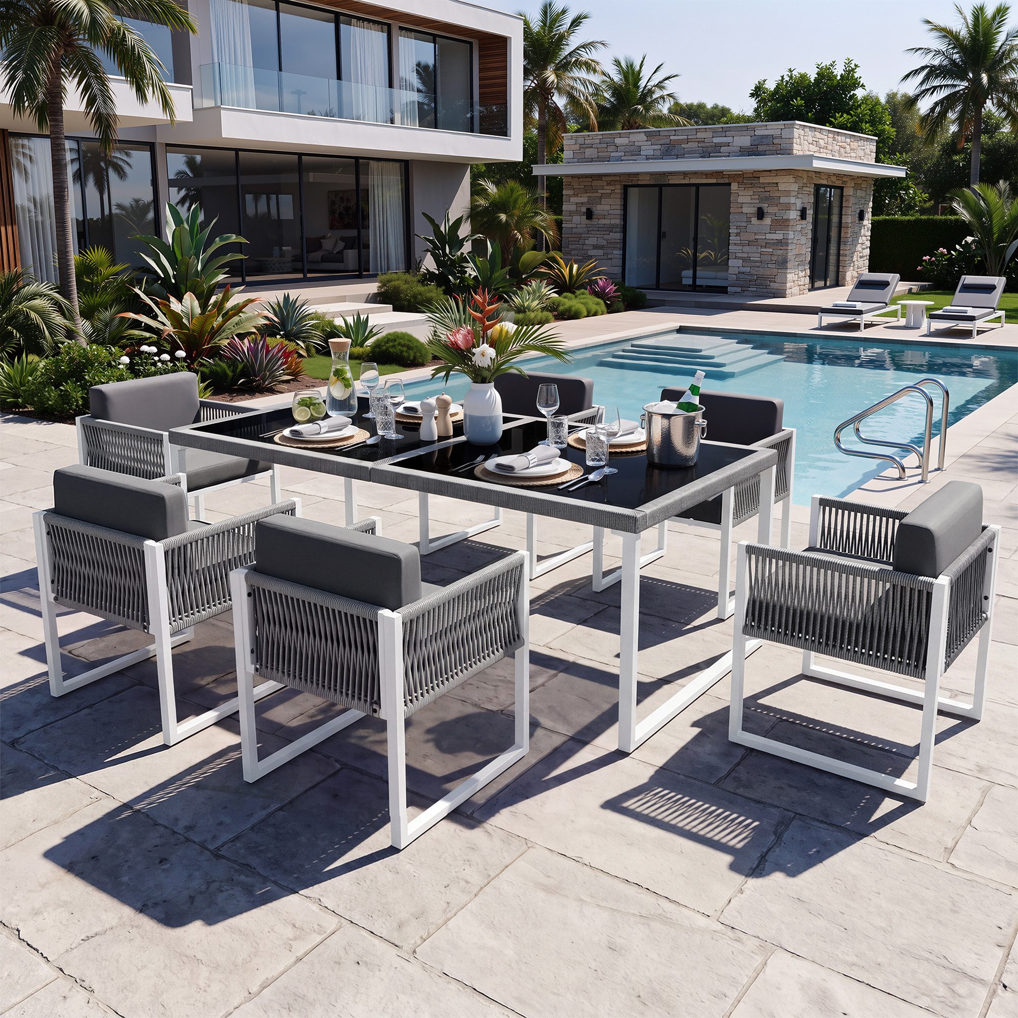 Flieks Sitzgruppe, Tisch- und Stuhlset Gartenmöbel Essgruppe aus Seil, Stuhl*6 & Tisch*1