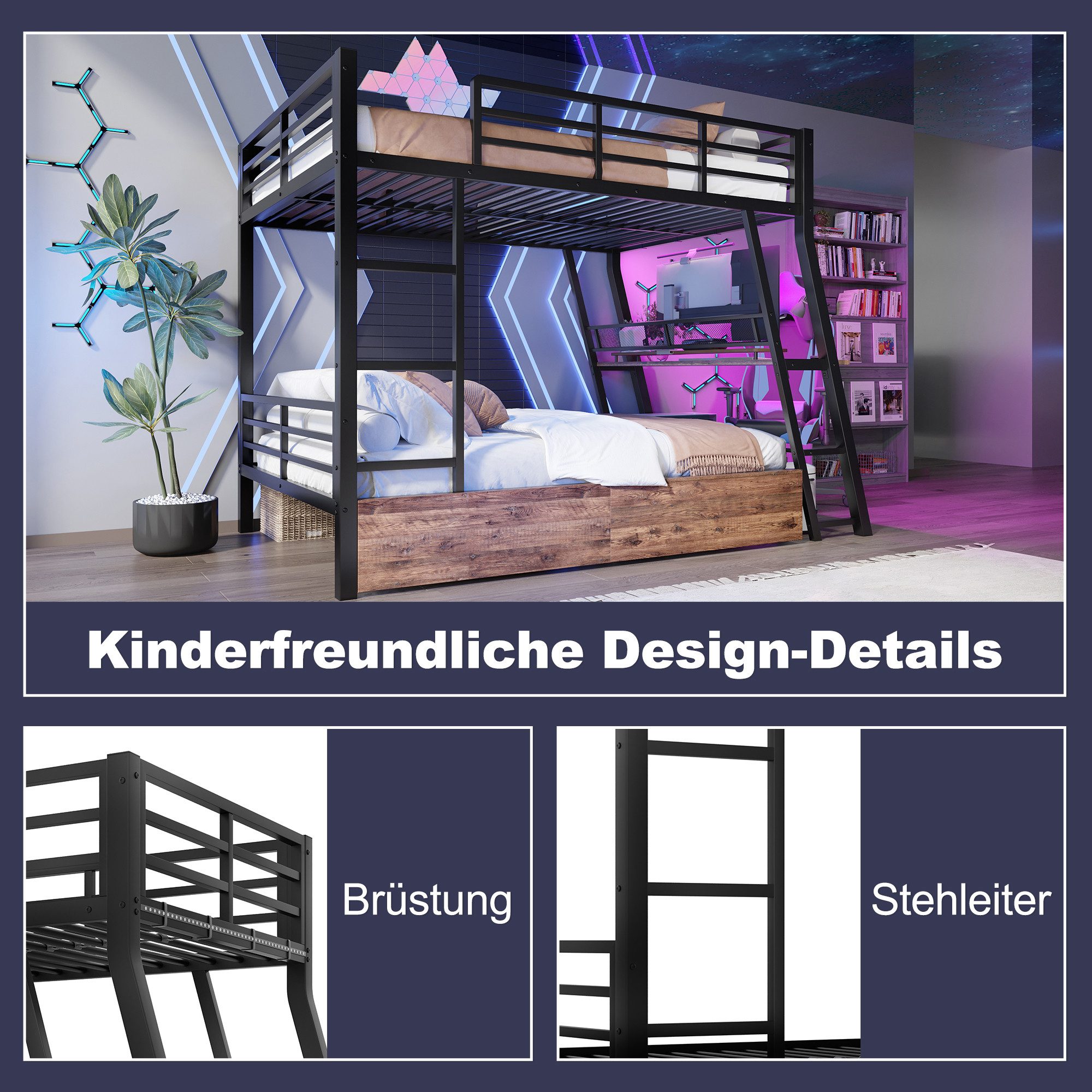 Merax Etagenbett mit LED-Beleuchtung (1-St), Metallbett Hochbett 140x200cm mit Schreibtisch Schubladen und Geländer – Bild 5 von 5