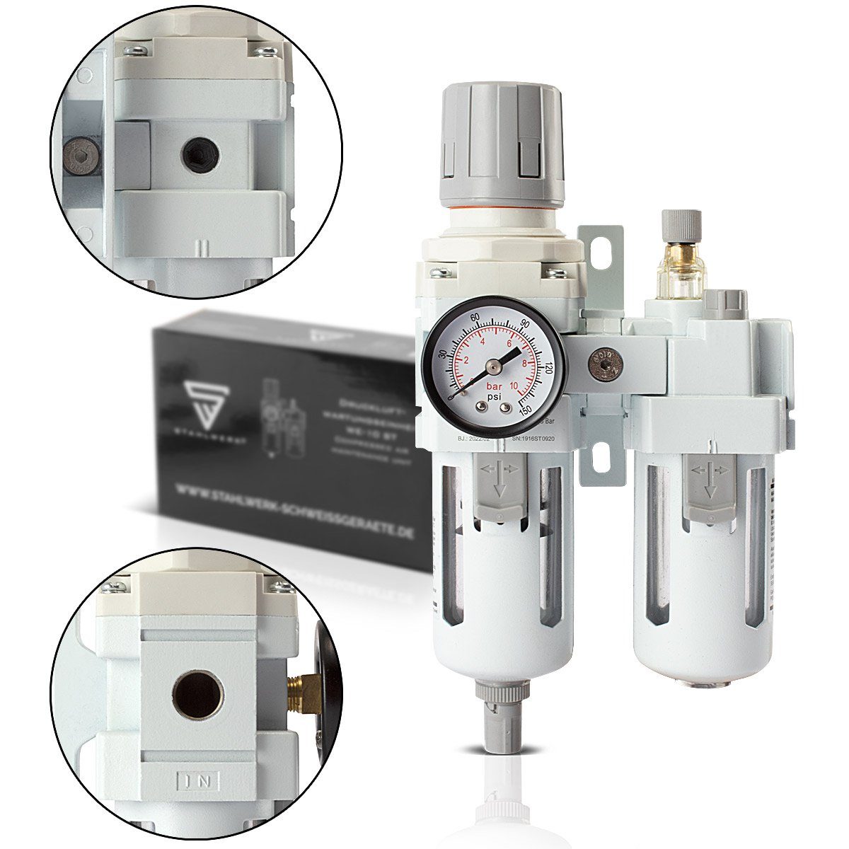 STAHLWERK Druckluftwerkzeug Druckluftwartungseinheit WE-10 ST für Kompressoren, (Packung, 1-St), Wasserabscheider mit Öler bis 10,5 bar für Druckluftkompressoren