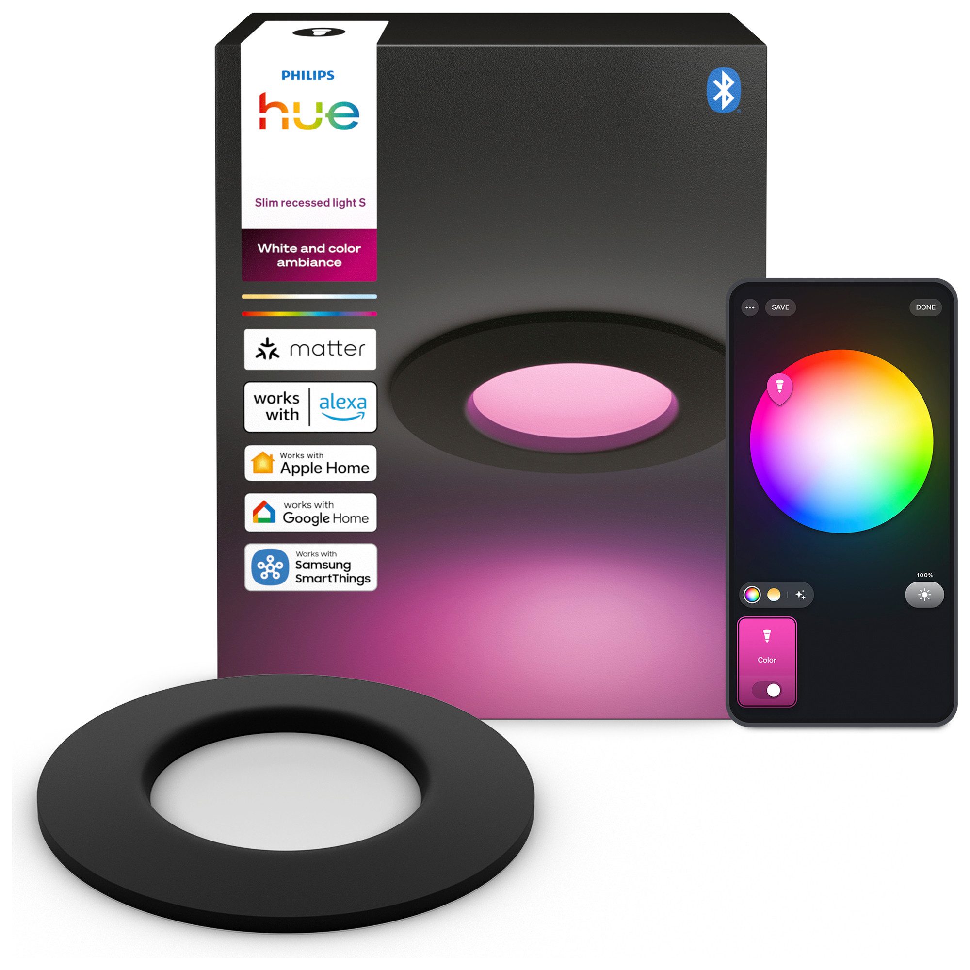 Philips Hue LED Deckenspot Slim Downlight Einbauleuchte, Abschaltautomatik, Bluetooth, CCT - über Fernbedienung, Dimmer, Dimmfunktion, Farbsteuerung, Farbwechsel, Leuchtdauer einstellbar, Memoryfunktion, Nachtlichtfunktion, RGB, Smart Home, Timerfunktion, Weckerfunktion, dimmbar über Fernbedienung, erweiterbar, getrennt schaltbar, mehrere Helligkeitsstufen, LED fest integriert, RGB, 1000–20000K, auf 0,2% dimmbar, App‑ & Sprachsteuerung