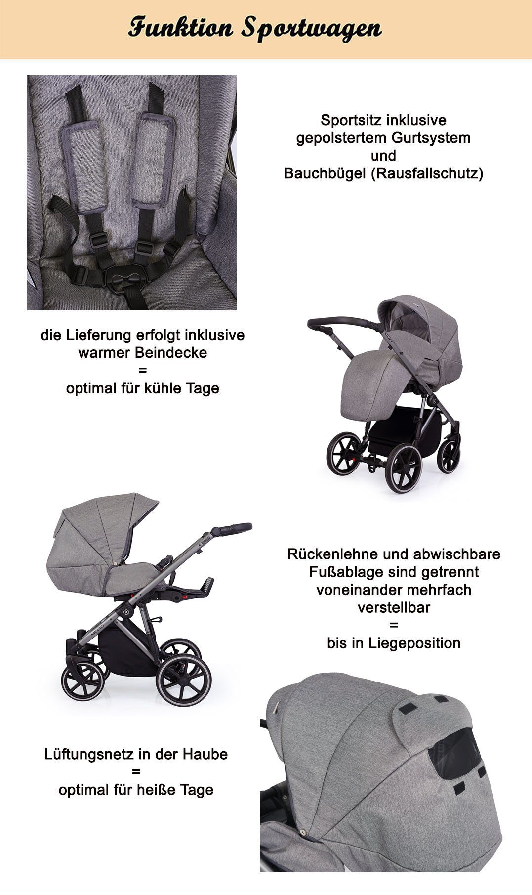 von Gestell - 4 Kombi-Kinderwagen = 3 schwarzes Autositz Molto Grau-Dekor - babies-on-wheels Geburt Teile inkl. bis in 13 1 Jahre