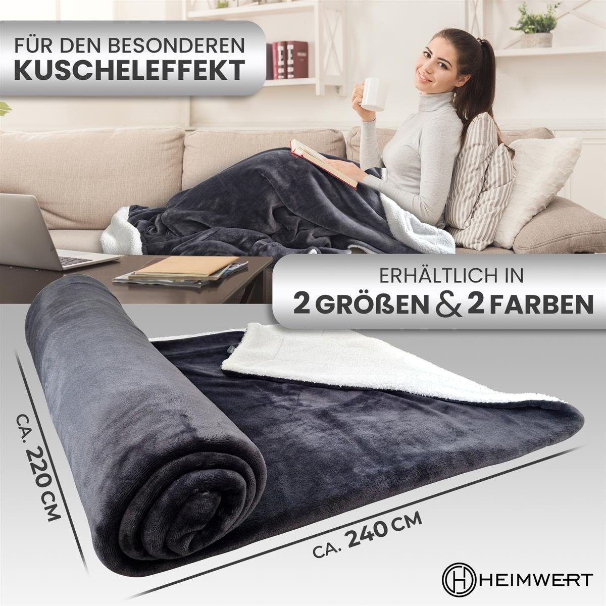 Wohndecke Kuscheldecke Wolldecke 220 x 240 cm Grau, HEIMWERT, hochwertig, weich, warm, flauschig - Grau 220 x 240cm