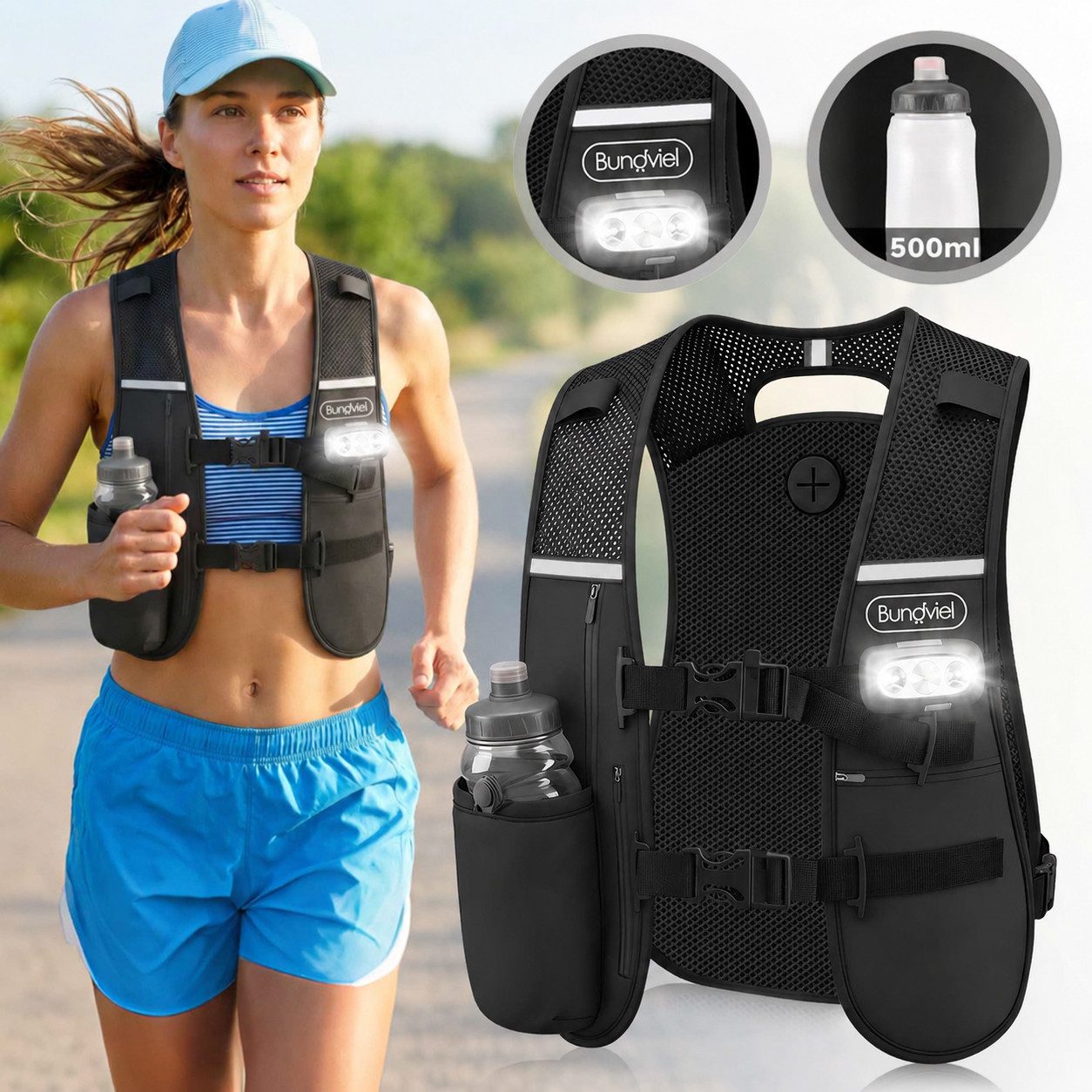 Bundviel Trinkrucksack Laufweste Damen Herren Reflektierende mit 500ml Wasserflasche, 2L Ultraleicht Wasserdicht Atmungsaktiv