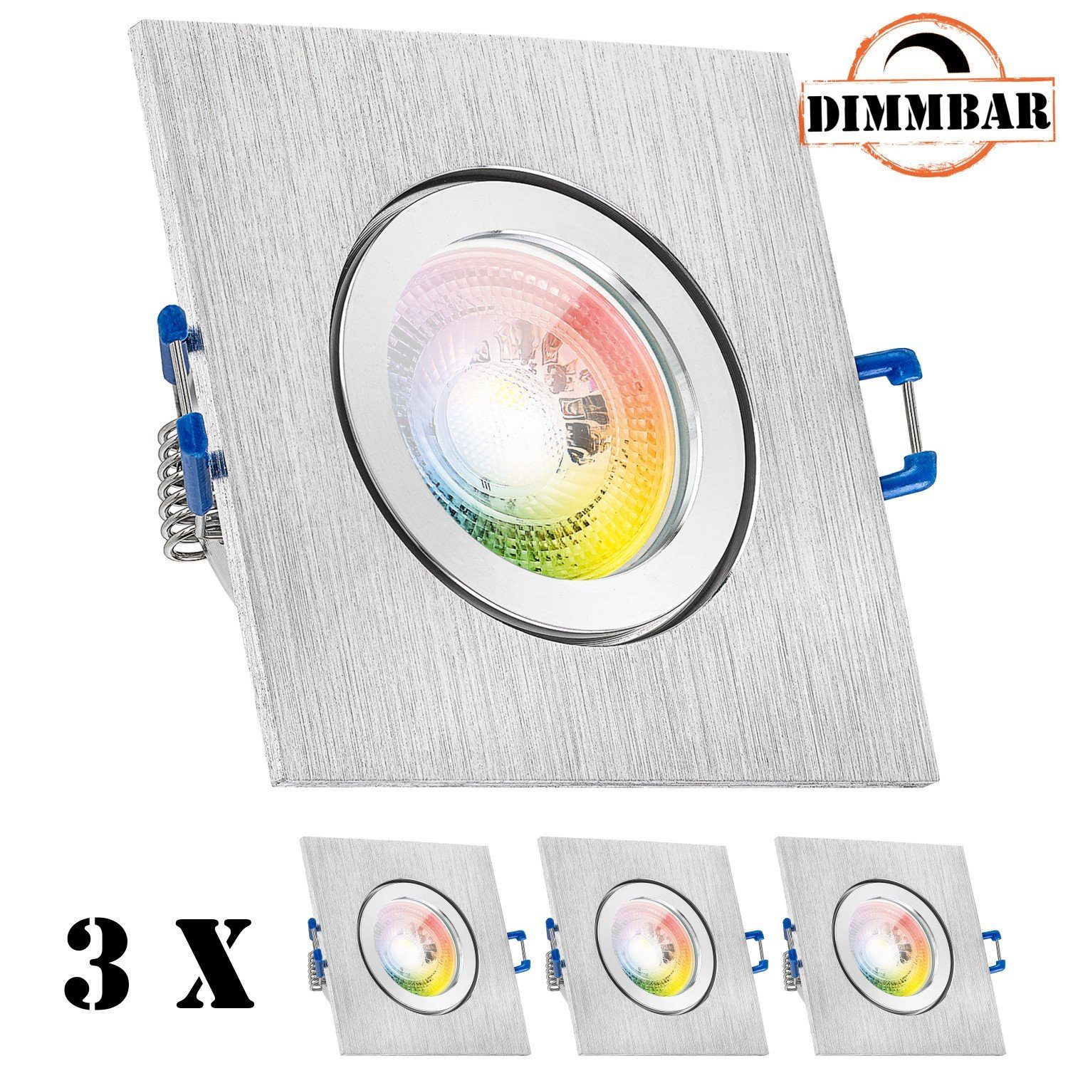 LEDANDO LED Einbaustrahler 3er IP44 RGB LED Einbaustrahler Set GU10 in aluminium gebürstet mit 3W