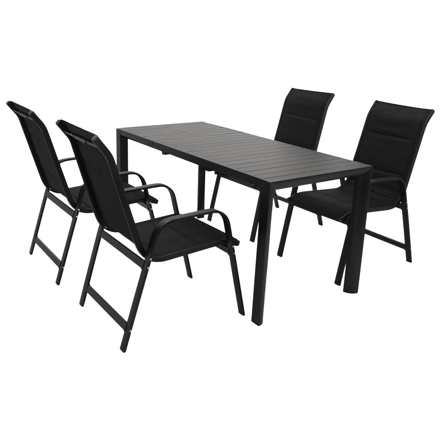 DEGAMO Garten-Essgruppe LAGOS 5-teilig, 4x Stapelsessel, 1x Ausziehtisch 120/162x70cm, Aluminium anthrazit