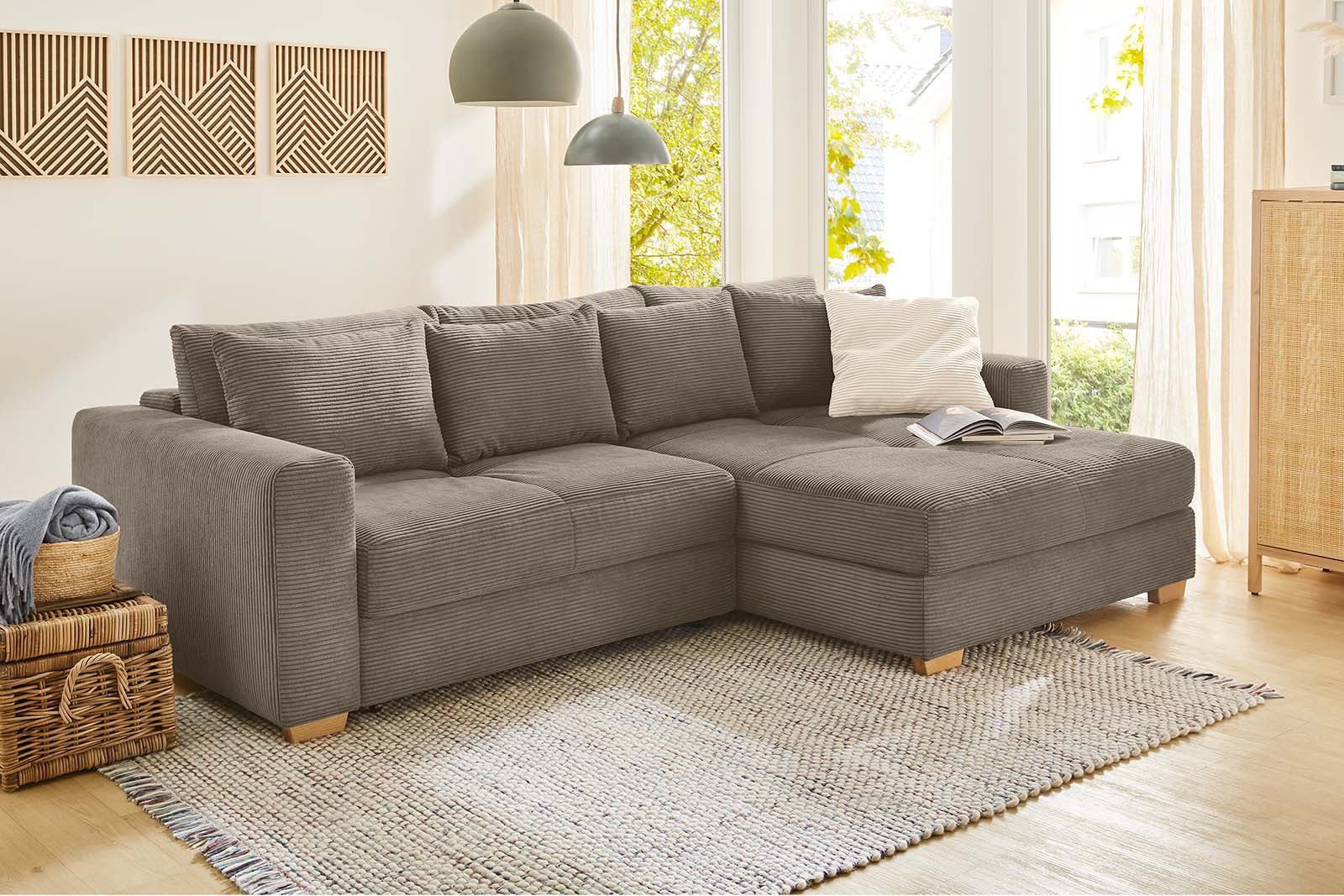 luma-home Ecksofa 15155, Dauerschläfer mit Bettkasten B288/T186/H86 cm, Liegefläche 153x245 cm, Federkern, Ottomane links oder rechts, Cord Braun Taupe