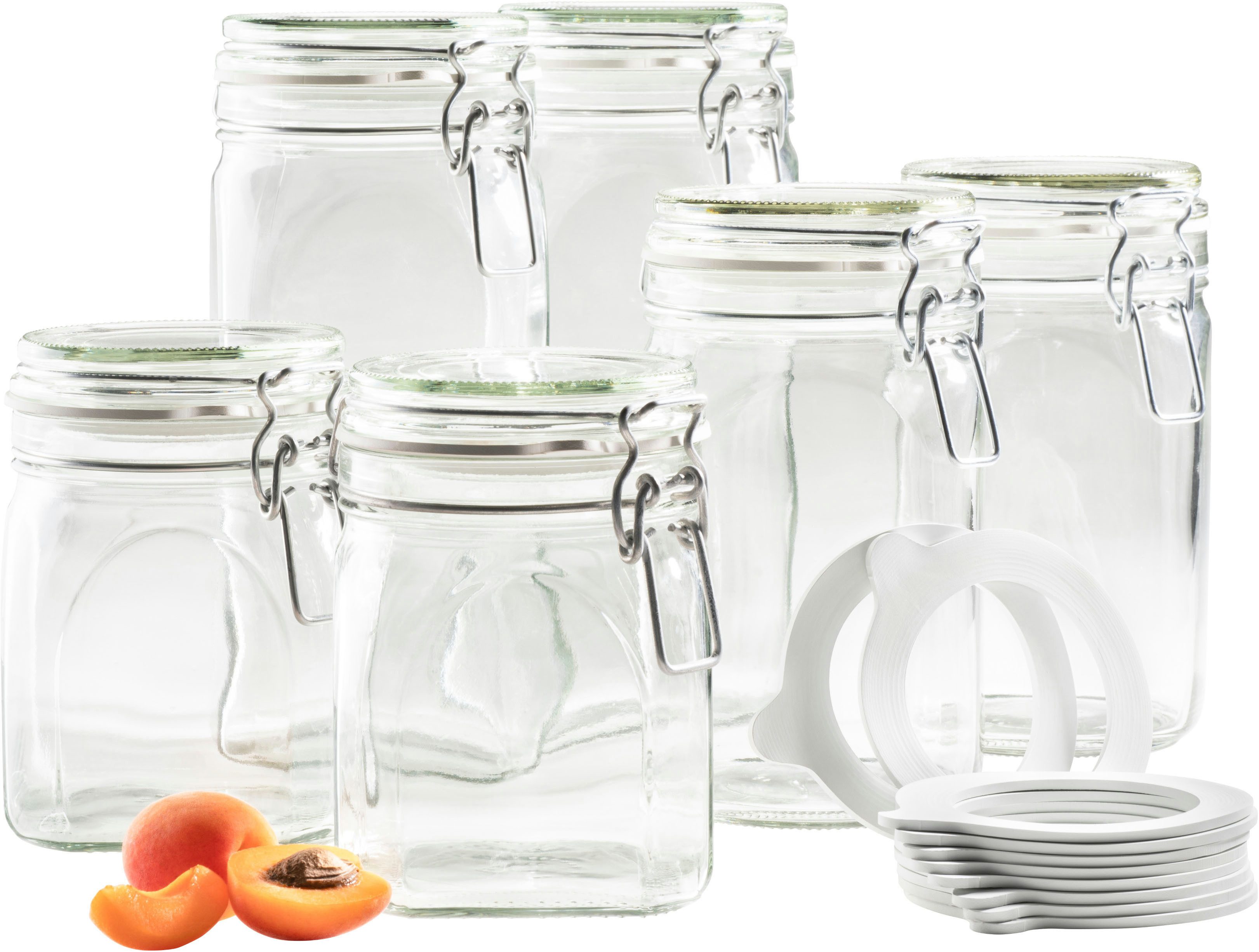 MÄSER Einmachglas Gothika, Einkochglas Set, Glas, (Set, 7-tlg., je 2 Gläser mit Füllmenge 75 cl, 1,05 l, 1,45 l + 1x Einkochring-Set), Glas mit Deckel
