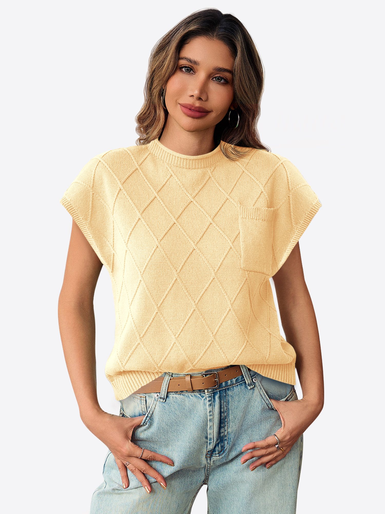 Kurzarmpullover Damen Pullover mit Stehkragen und kurzen Ärmeln