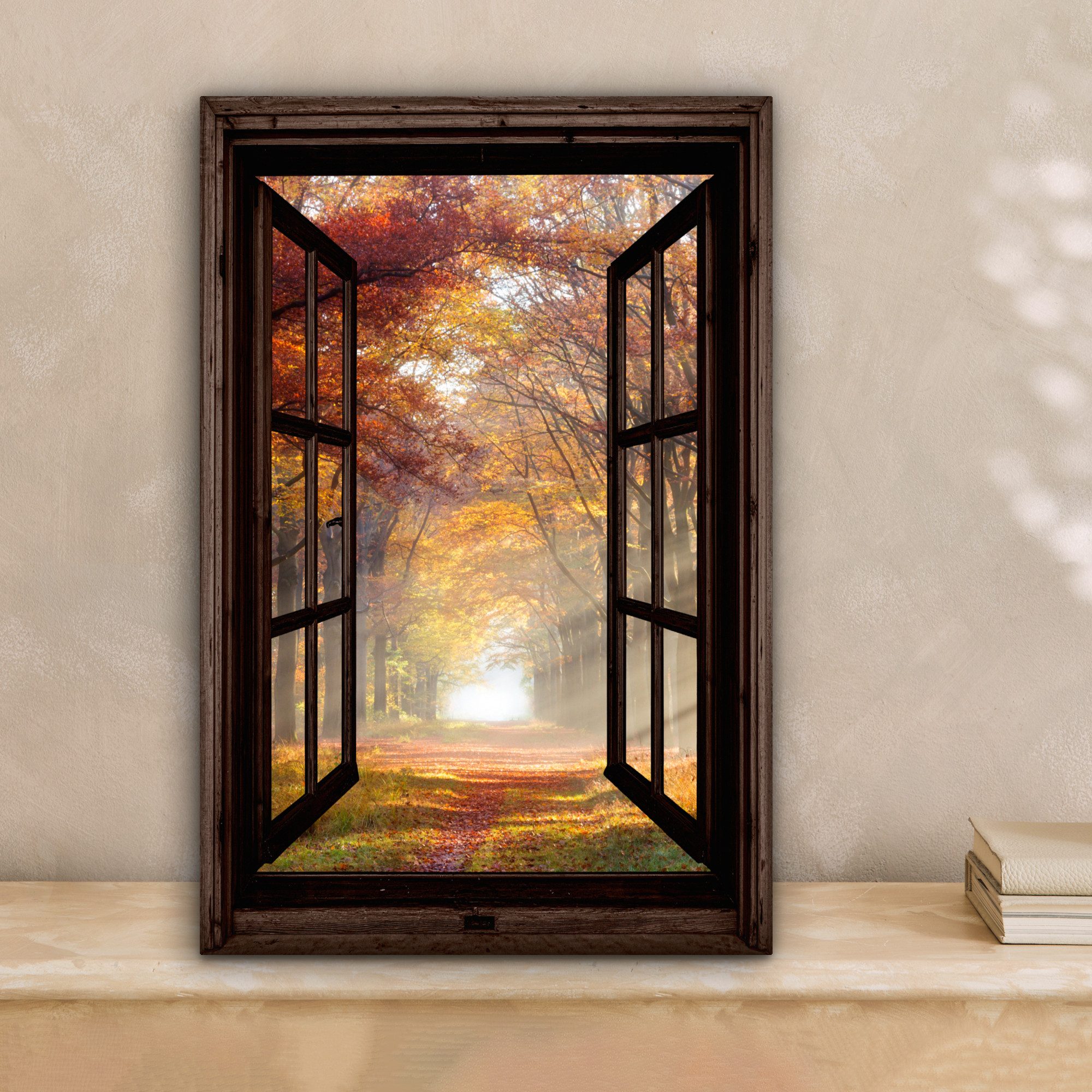 OneMillionCanvasses® Leinwandbild Herbst - Wald - Bäume - Natur - Fensterbl günstig online kaufen