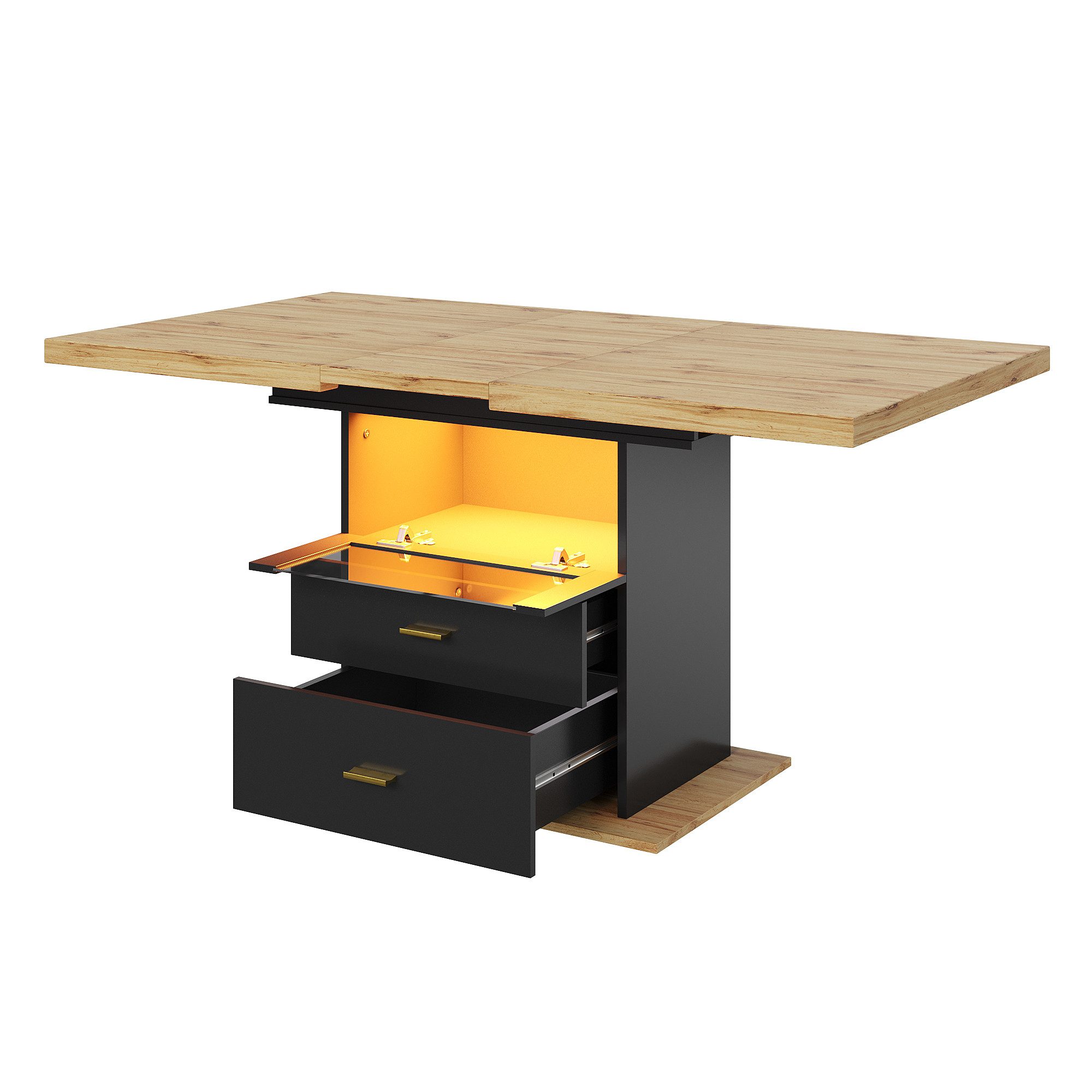Flieks Esstisch ausziehbar Küchentisch mit LED-Beleuchtung (erweiterbare Tischplatte in Holzoptik, Länge110-140x80x75 cm, 1-St., 1 Tisch), rechteckig Arbeitstisch mit Glastür und 2 Schubladen Schreibtisch