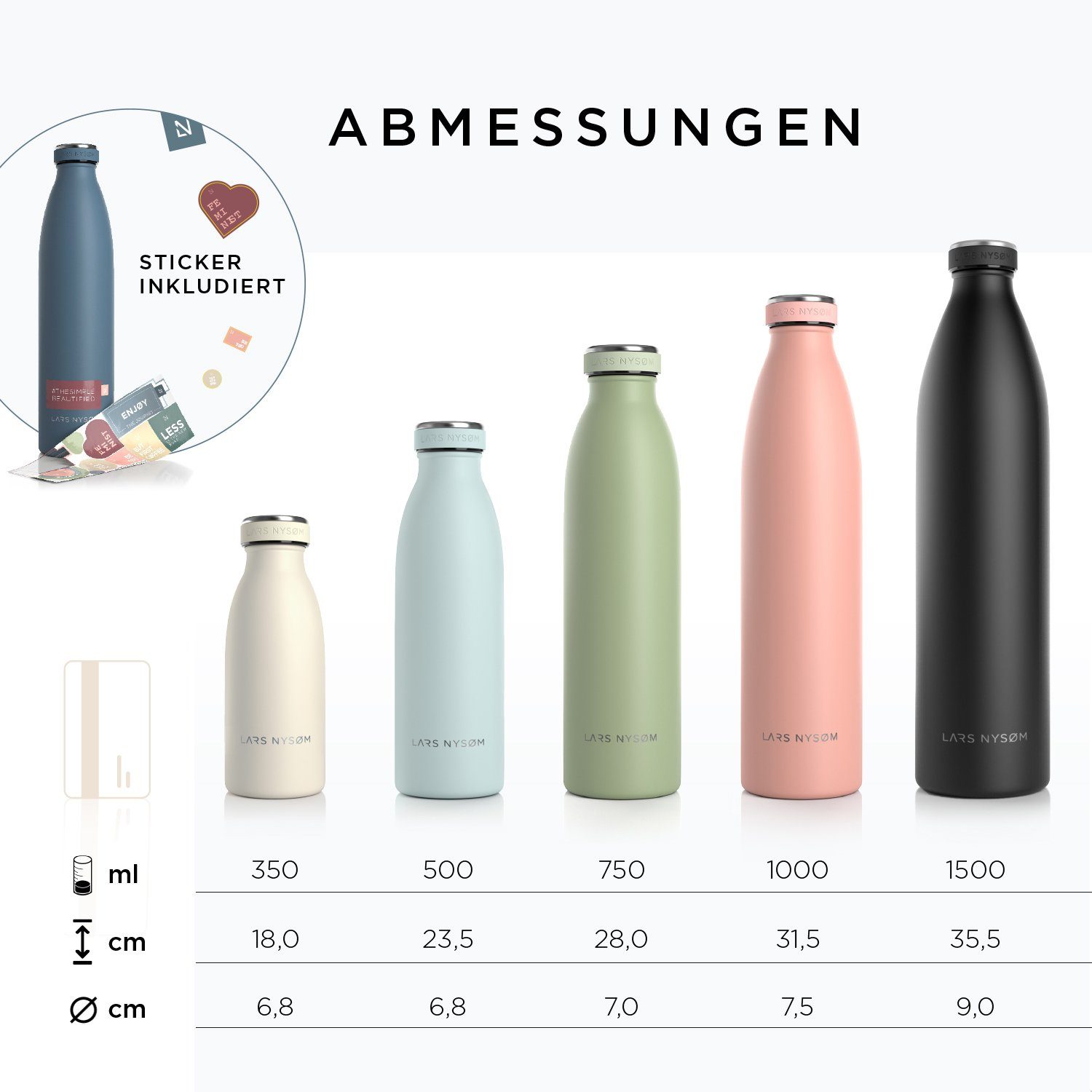 1,5l 1l Ren, NYSØM 350ml 500ml Greige BPA-Freie Isolierflasche LARS Thermosflasche 750ml