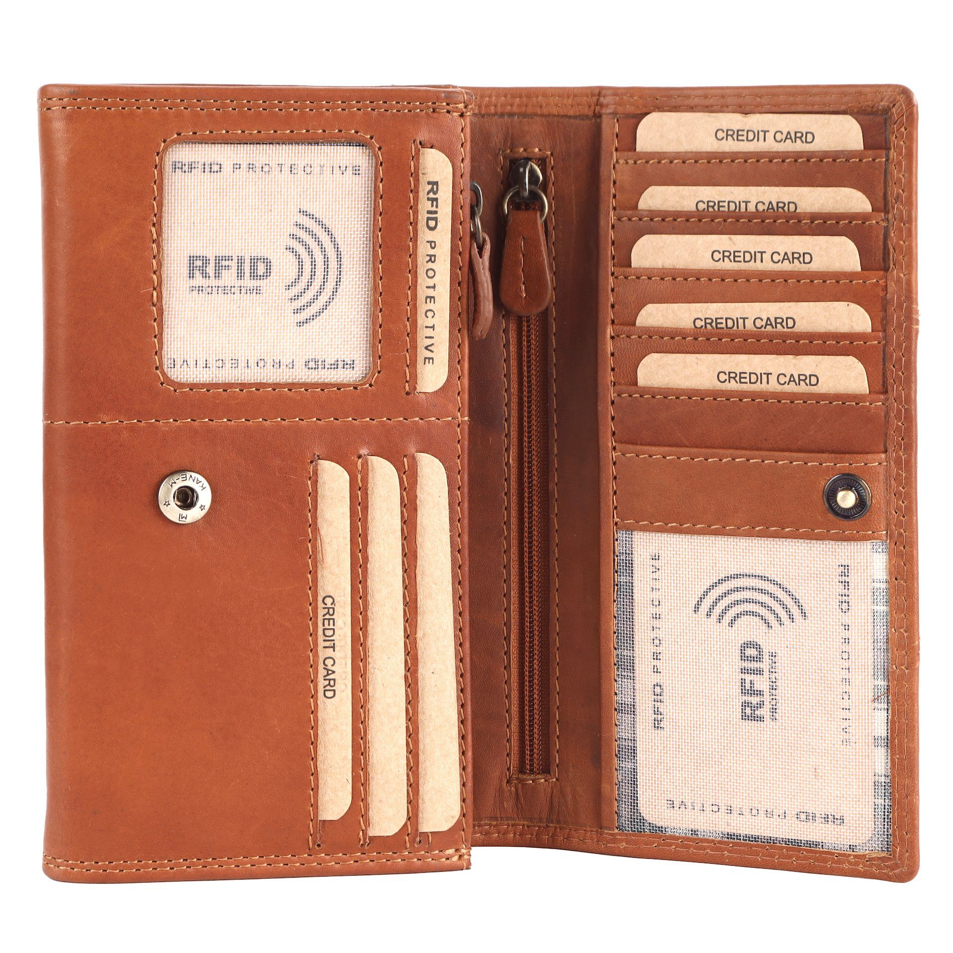 Münzfach Leder Groß, RFID-Schutz Reißverschlussfach Portemonnaie Damen Braun Geldbeutel Geldbörse Echt RFID Kartenfächer Portmonee Benthill Frauen